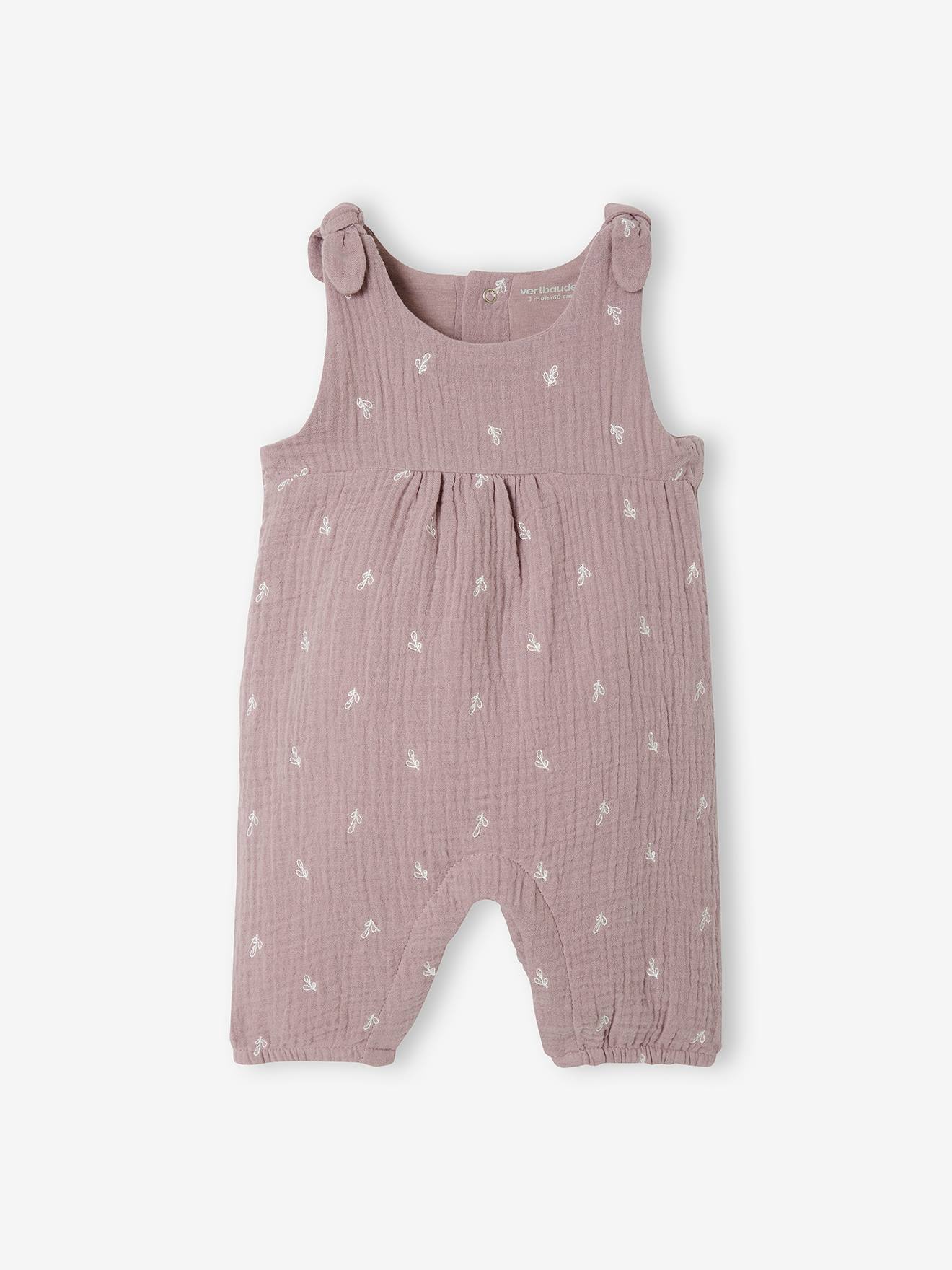 Combinaison bébé naissance brodée en gaze de coton tilleul