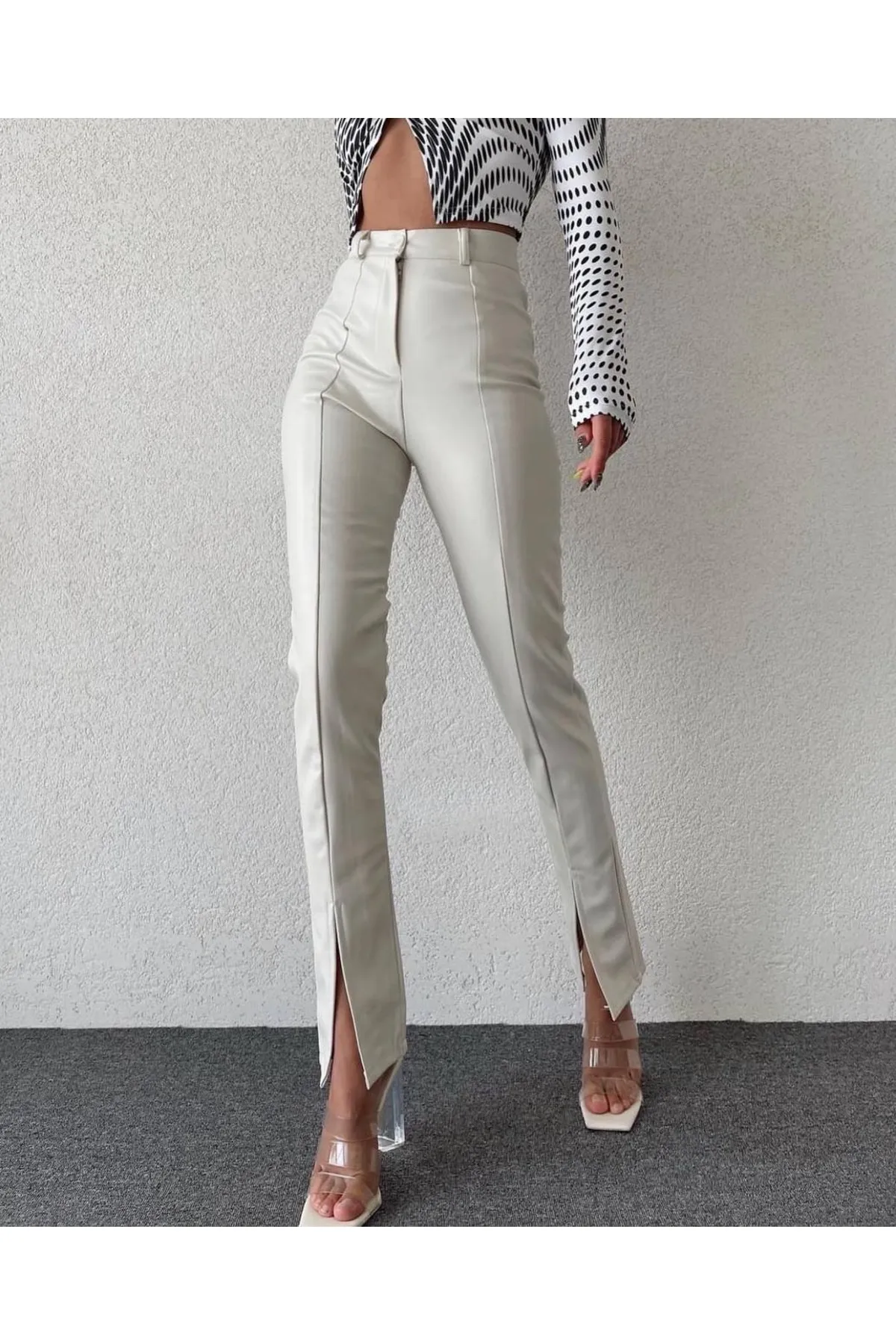 CİZA MODA  Erhöhte Lederhose mit vorn genähtem Schlitz