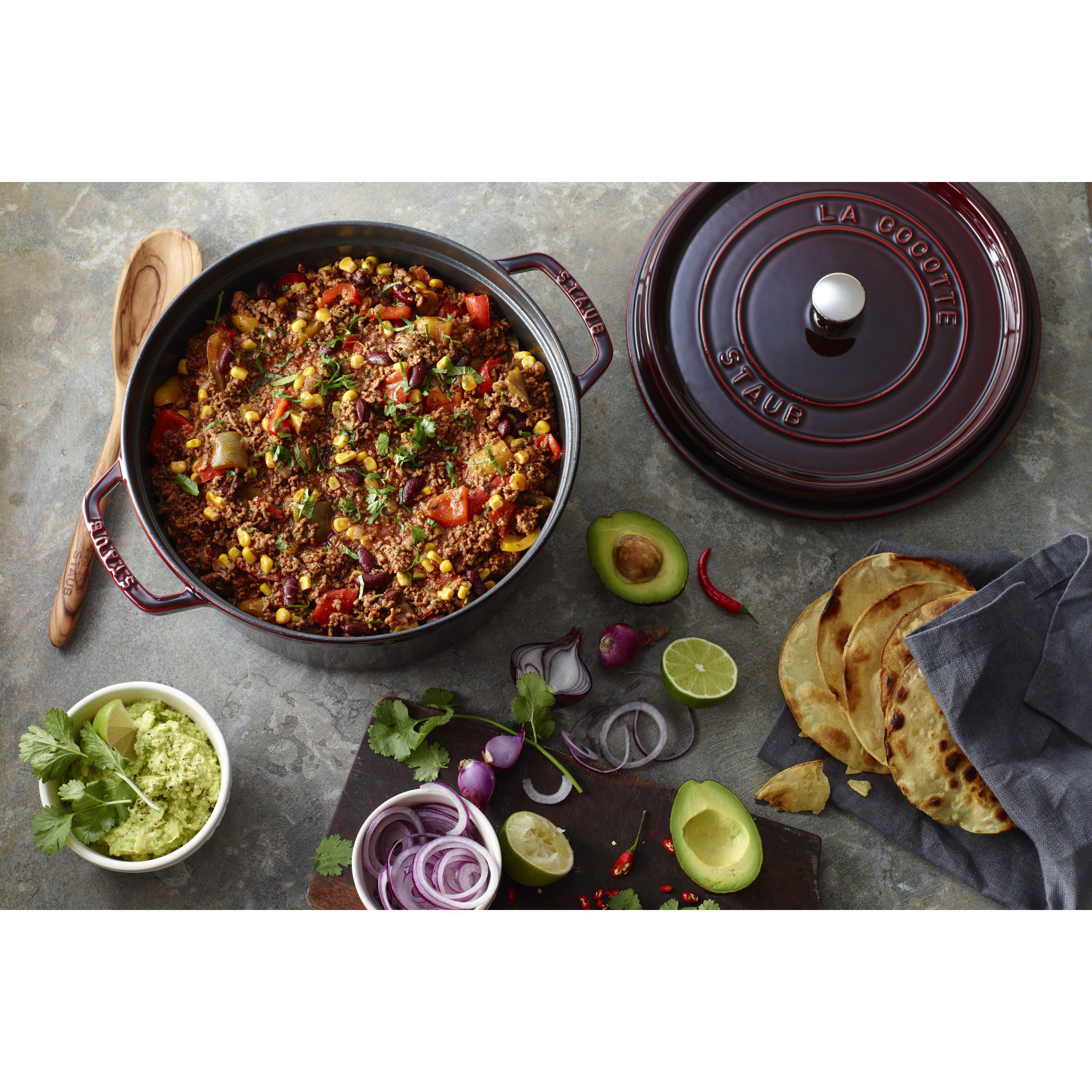 Cocotte 28 cm, rund, Grenadine-Rot, Gusseisen