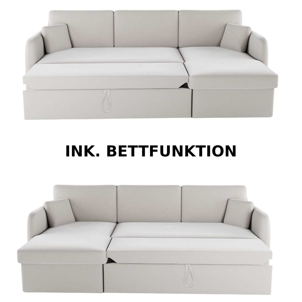 Möbel Punkt Ecksofa NICE Abriamo Boucle Ecru Hell mit Bett und Bettkasten Ottomane Universell Rechts Links