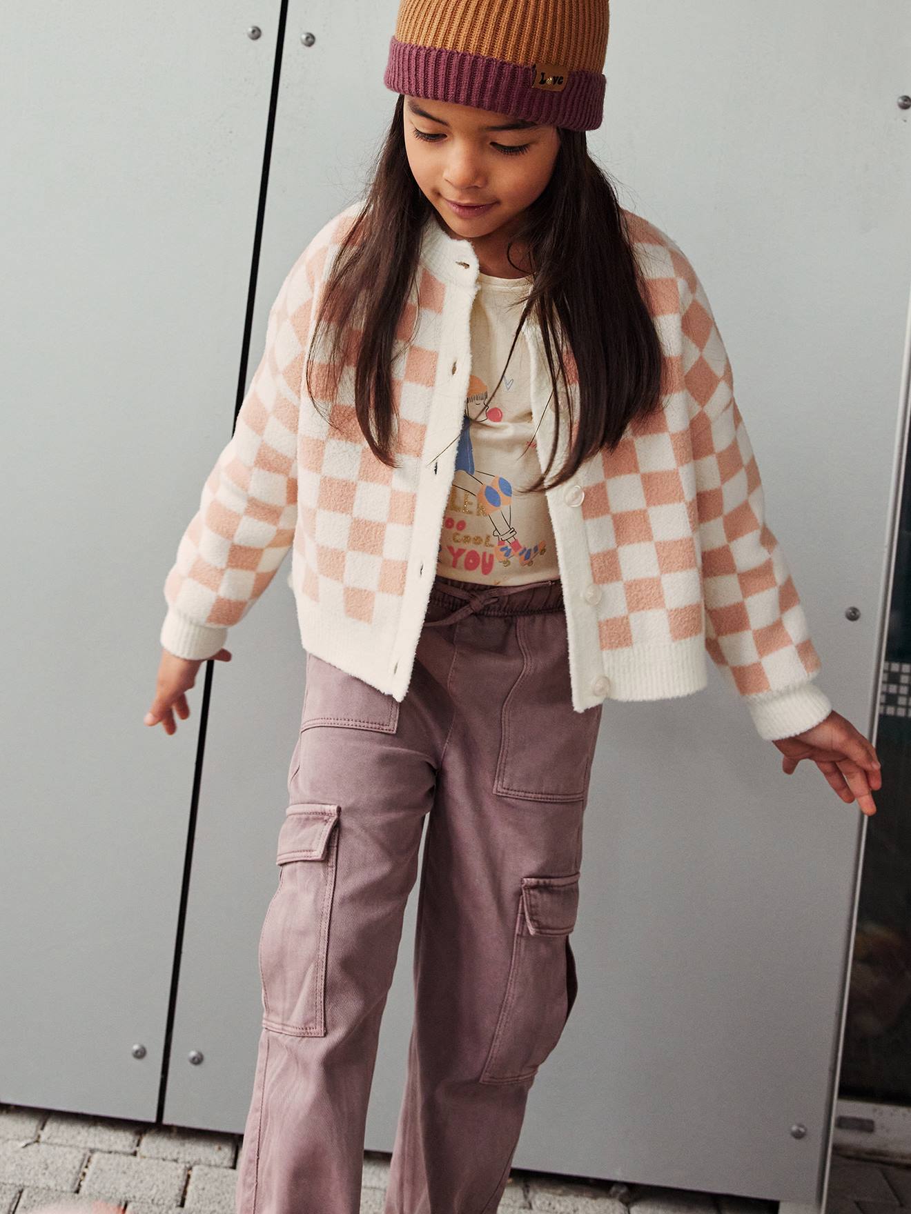 Gilet damier pop fille carreaux rose