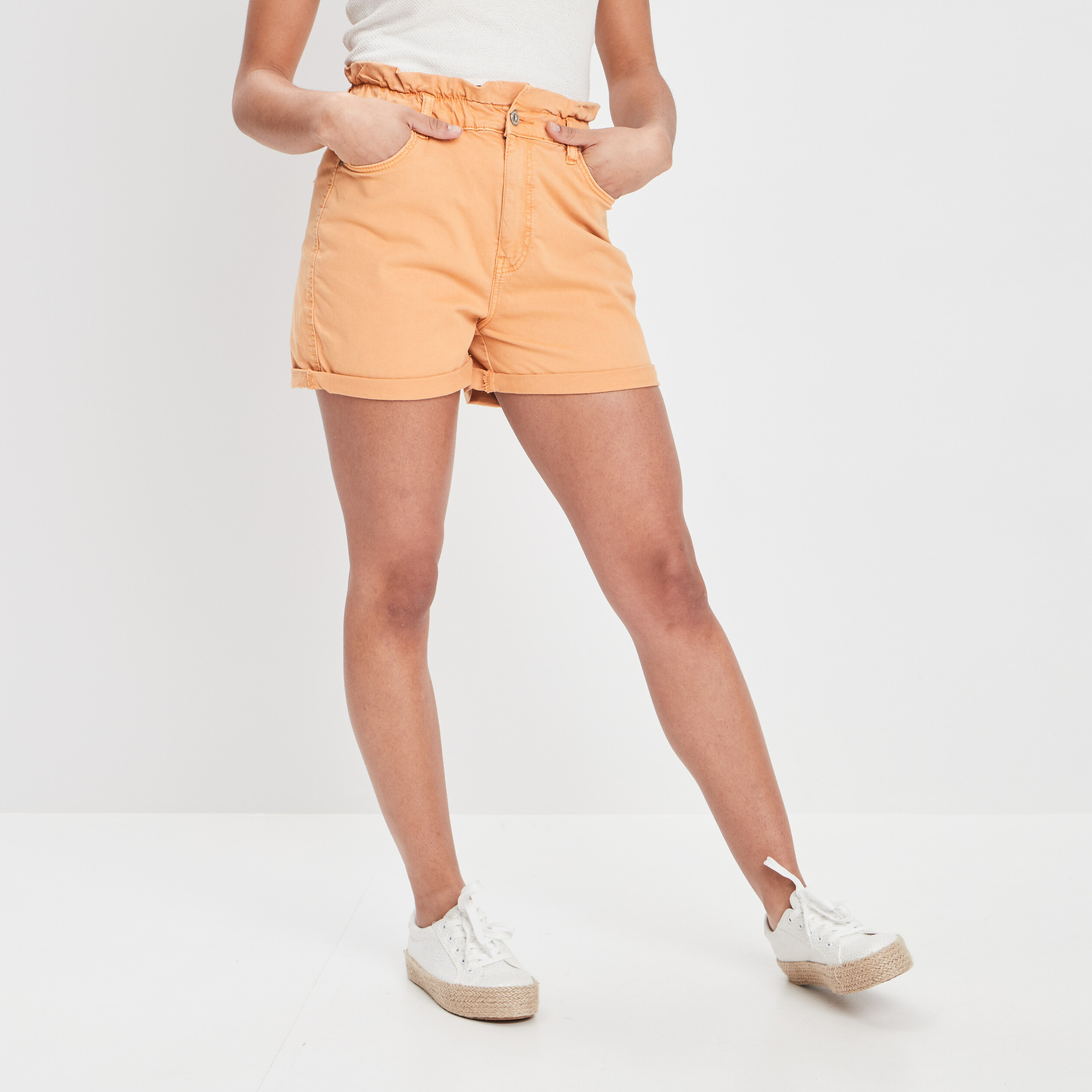 Short droit taille haute élastiquée orange femme | La Halle