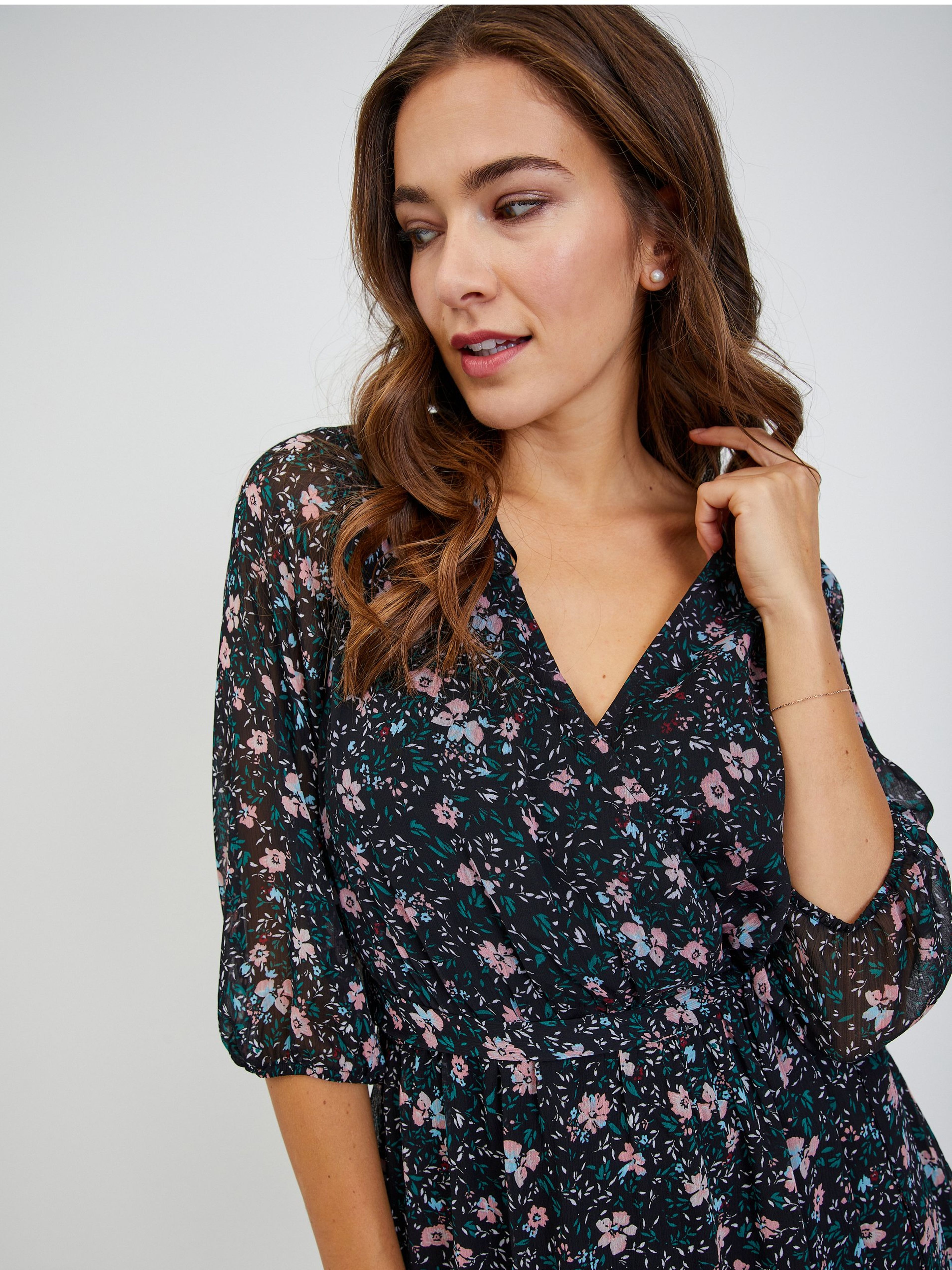 Schwarzes Damen-Blumenkleid mit Bindung ORSAY