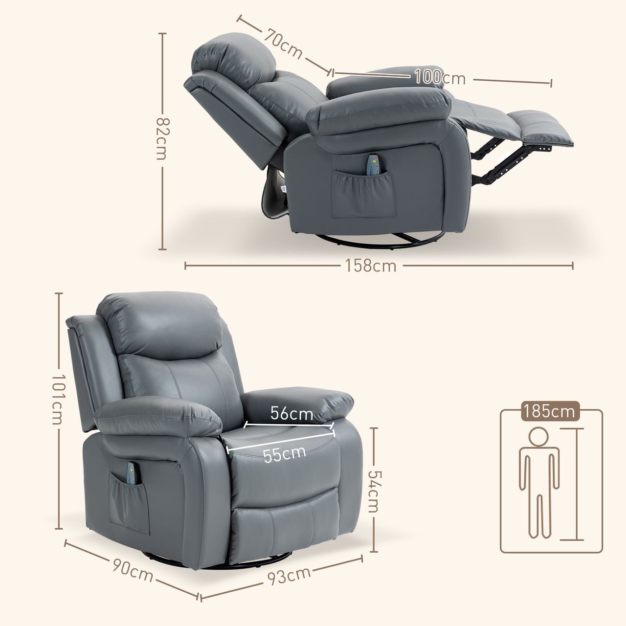 HOMCOM Massagesessel Drehbarer Relaxsessel mit 8 Vibrationsköpfen, Liegefunktion