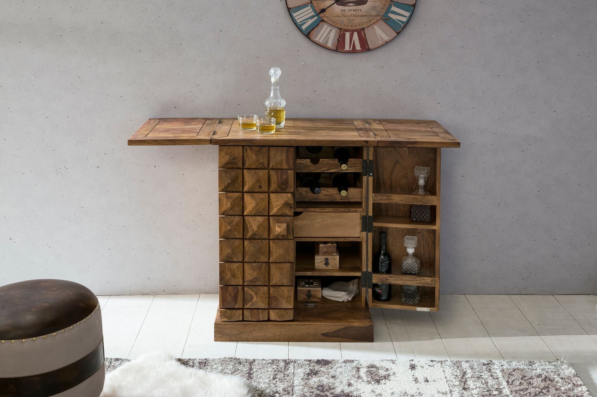 KADIMA DESIGN Barschrank Hausbar Massivholz Sheesham Vitrine ausklappbar