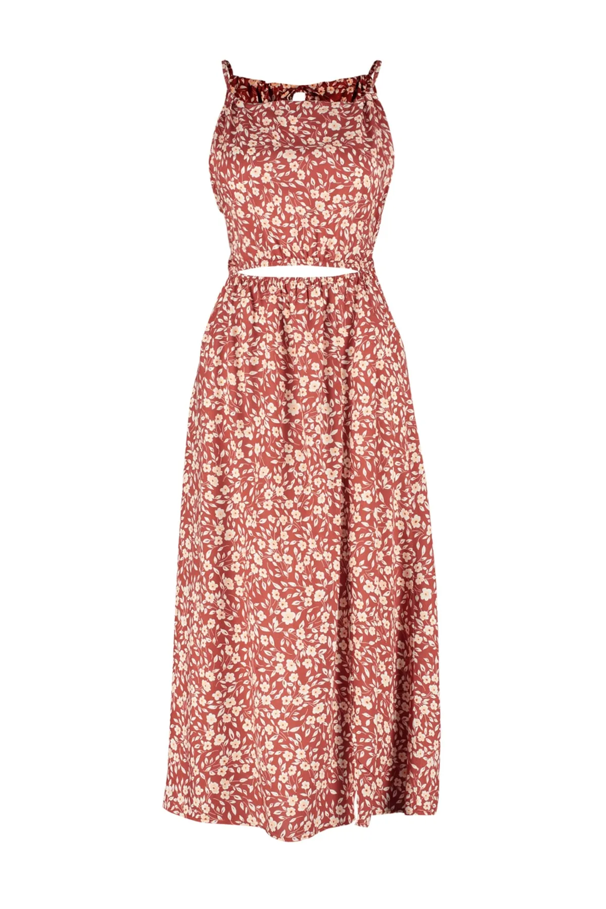 Trendyol Collection  Rotes, gerade geschnittenes, gewebtes Midi-Kleid mit Fensterausschnitt und detailliertem Neckholder-Muster TWOSS23EL00416
