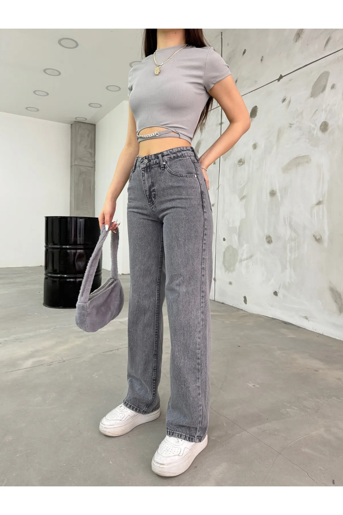 BİKELİFE  Graue Damenjeans mit hohem Bund und dehnbarem Lycra und weitem Bein