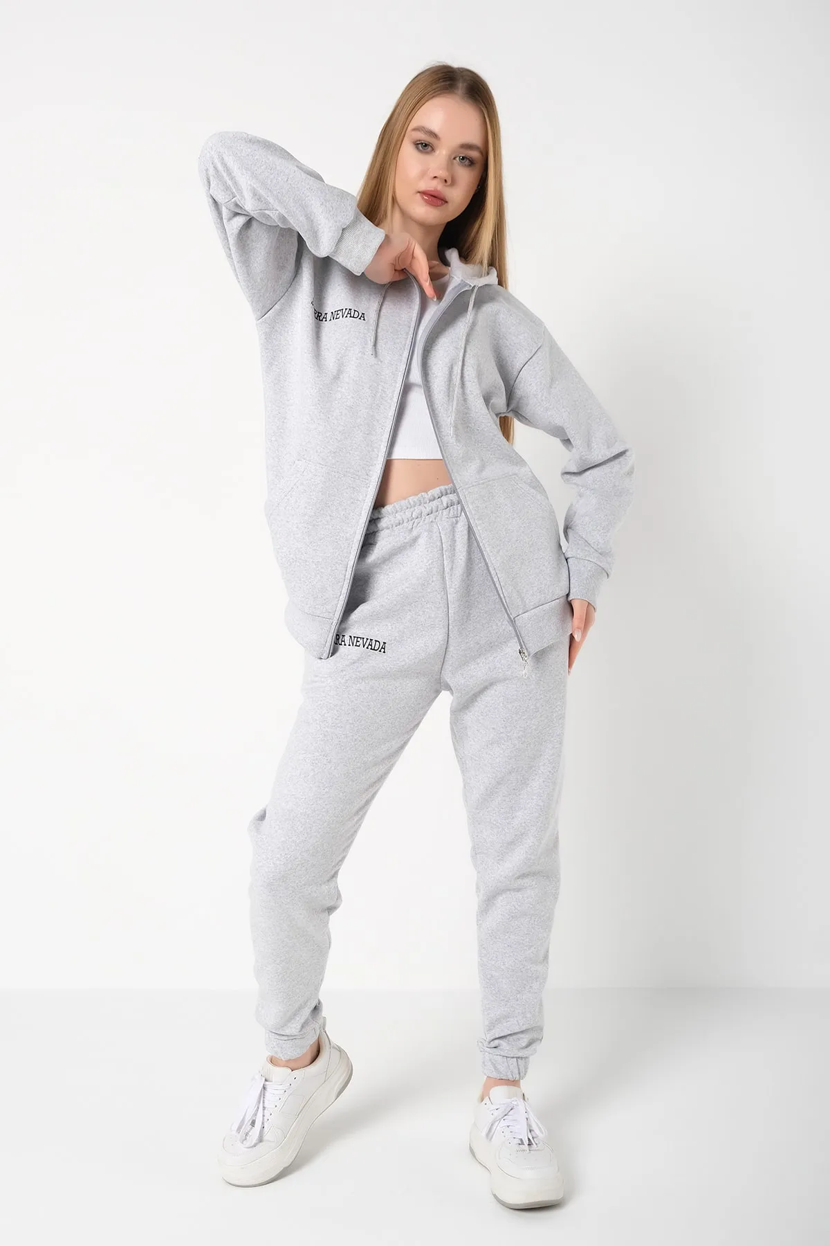 Know  Grauer Sierra Nevada bedruckter Cardigan-Jogger-Trainingsanzug für Damen