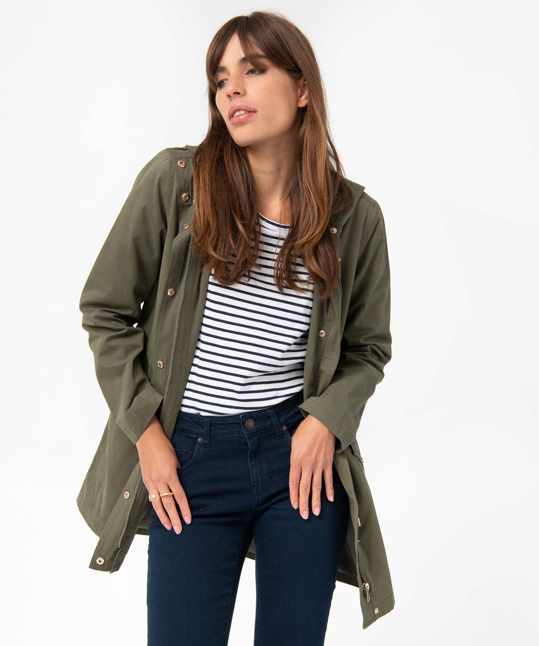 Trench femme à capuche avec boutons métalliques kaki | GEMO