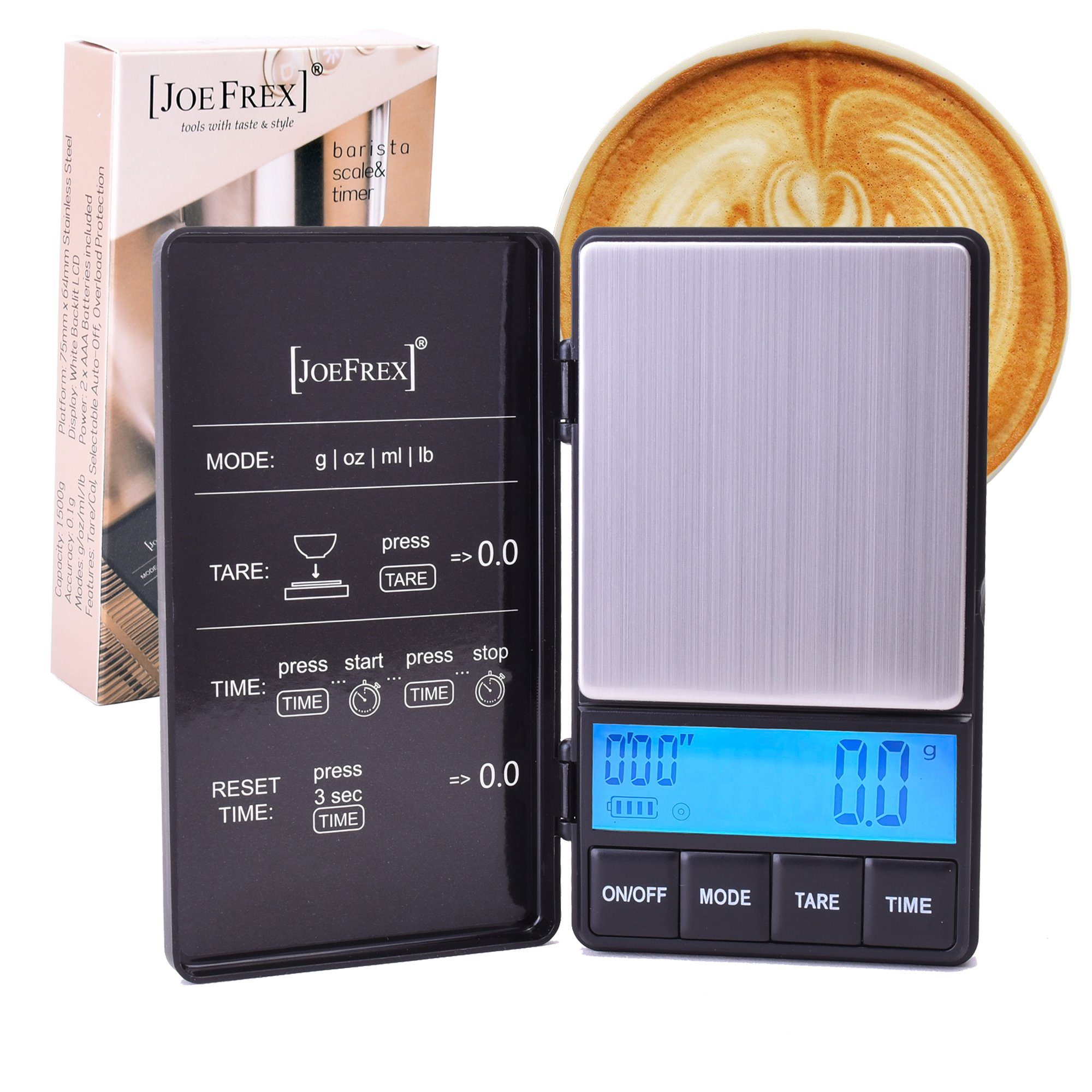 JOEFREX Feinwaage Kaffeewaage mit Timer - exakte Espressowaage, 0,1g Messgenauigkeit, Tare Funktion, Timer Funktion Countdown Funktion