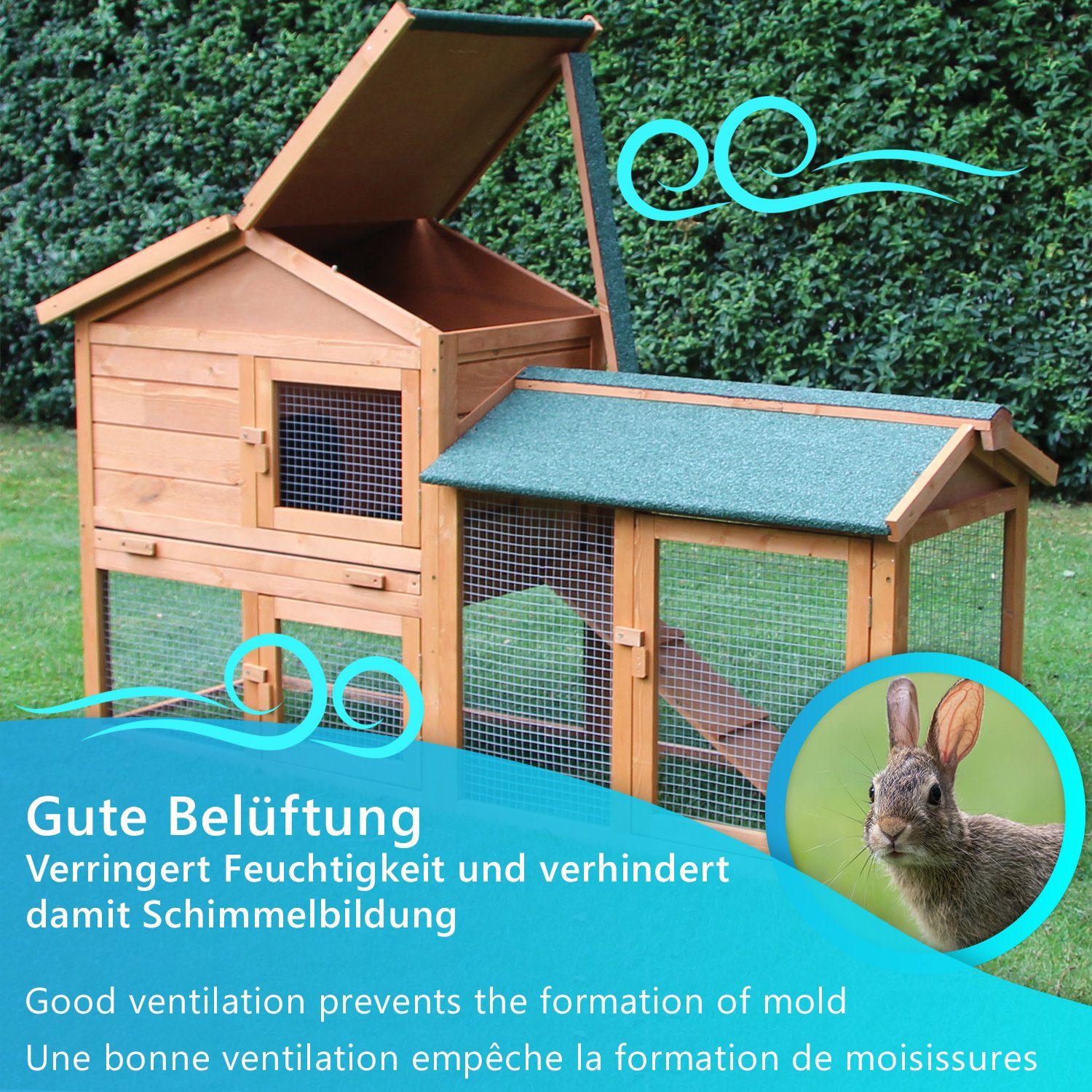 NYVI Kleintierstall Hasenstall für Draußen XXL Kleintierstall mit Freilauf Auslauf Gehege, 146x52x86cm Natur - Outdoor Hasenkäfig Winterfest - Kleintierkäfig