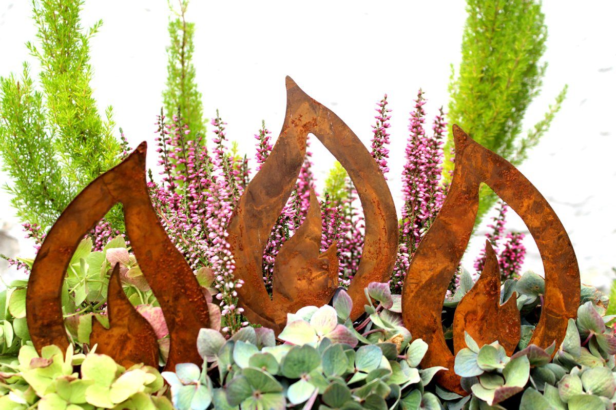 LB H&F Lilienburg Teichfigur 3er SET Gartenstecker Gartenfigur Gartendeko Rost Flamme Metall, (dekorieren Rostfigur Weihnachten Frühling Ostern Herbst Winter Weihnachtsdeko rostige Dekoflamme zum Stecken basteln FLAMMEN NEO, Beetstecker Metallstecker