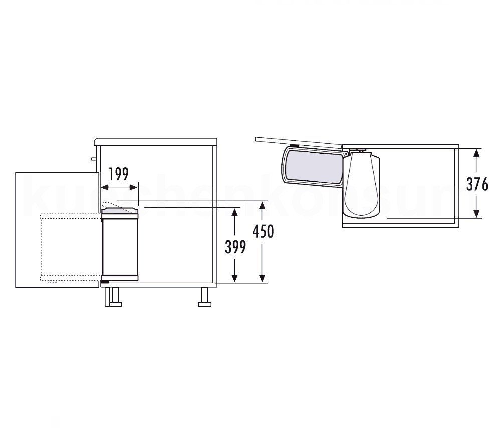 Hailo Einbaumülleimer Abfallsammler MF Swing Duo 16 L Mülleimer für 45 Unterschrank mit Drehtür, 3416001 für Schrankbreite ab 450 mm mit Drehtür