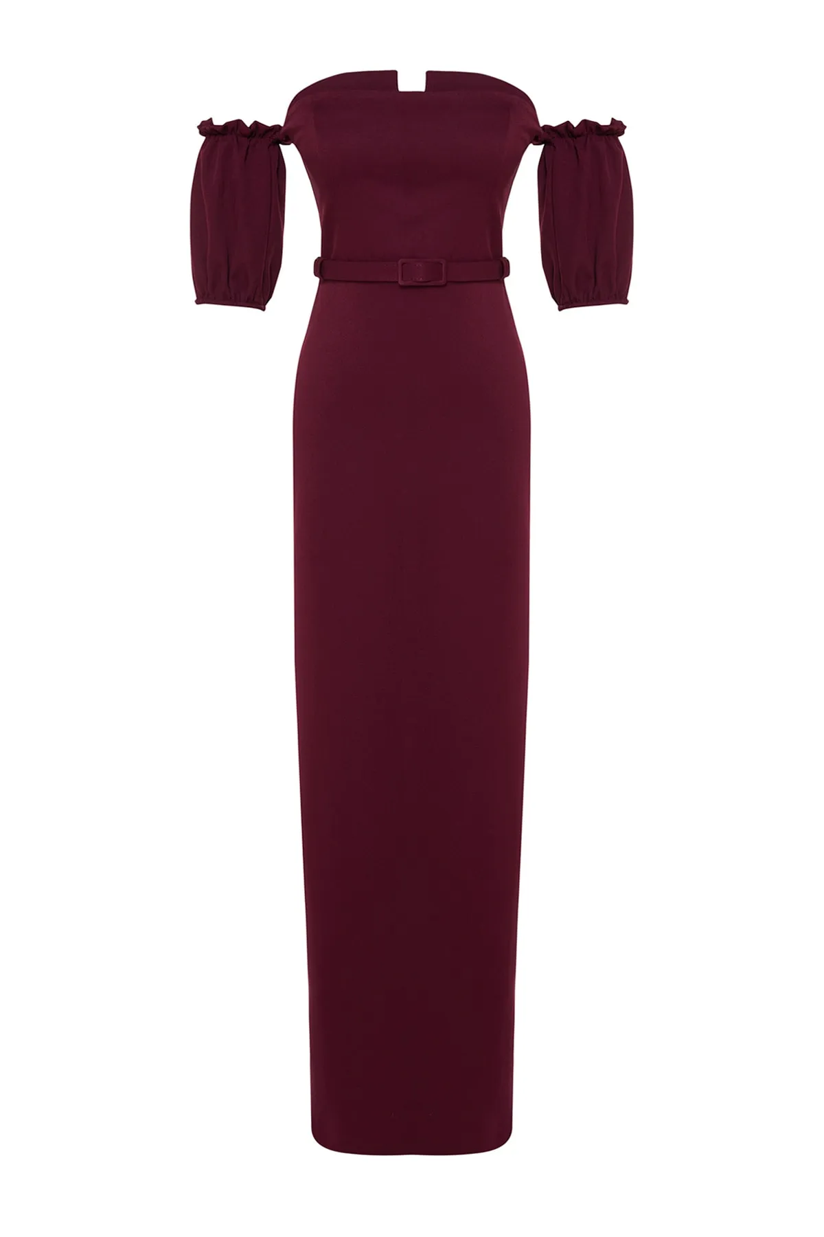 Trendyol Collection  Pflaumenfarbenes, langes, gewebtes Abendkleid mit Gürtel TPRSS23AE00091