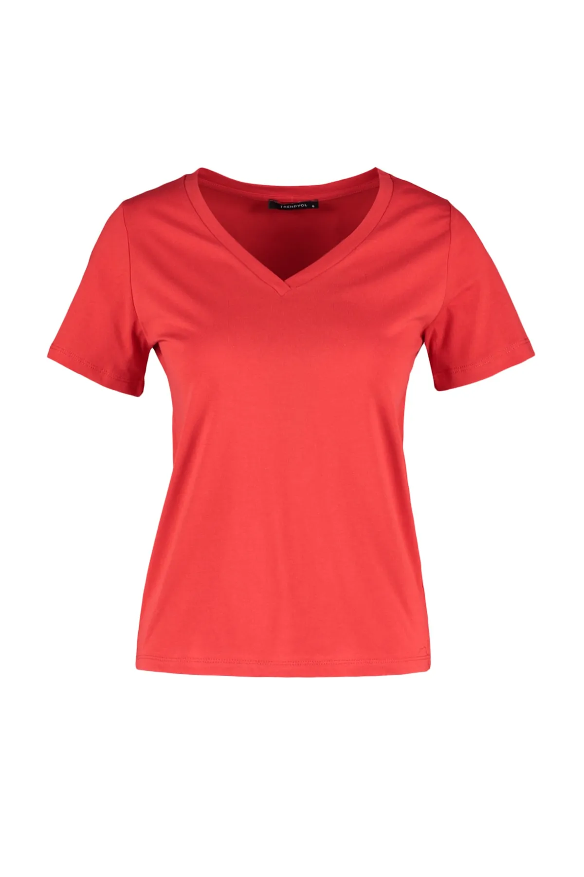 Trendyol Collection  Rotes Basic-Strick-T-Shirt mit V-Ausschnitt aus 100 % Baumwolle TWOSS23TS00001