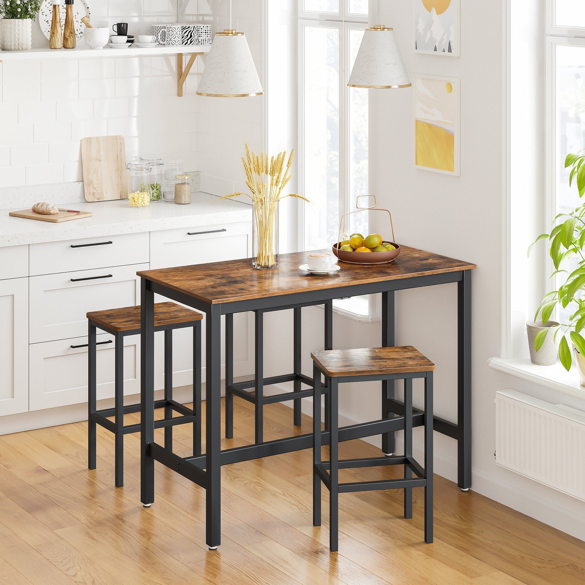 VASAGLE Bartisch Bartisch-Set, Esstisch(120 x 60 x 90 cm) mit 2 Barhochern