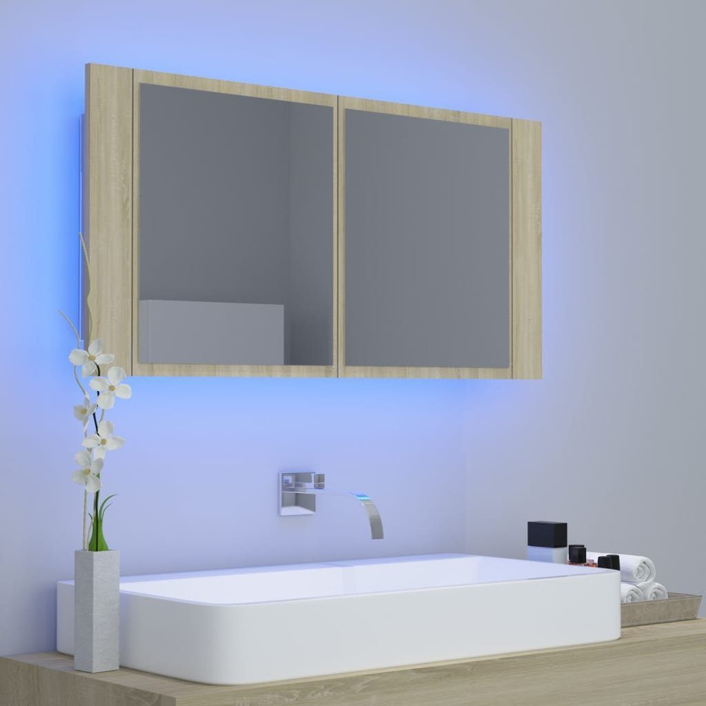 vidaXL Badezimmerspiegelschrank LED-Bad-Spiegelschrank Sonoma-Eiche 90x12x45 cm Acryl (1-St)
