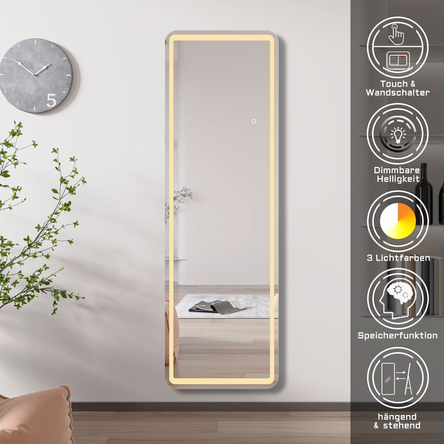 duschspa Ganzkörperspiegel Wandspiegel mit LED Beleuchtung Standspiegel Hängespiegel 150/160cm, Warm/Neutral/Kaltweß, dimmbar, Memory, mit Stecker
