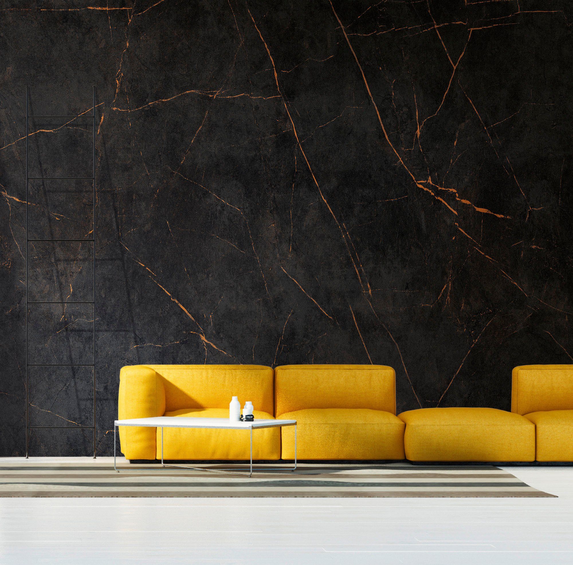 living walls Fototapete The Wall, glatt, Motiv, Steinoptik, gemustert, Fototapete Modern Tapete Marmor Schwarz Orange