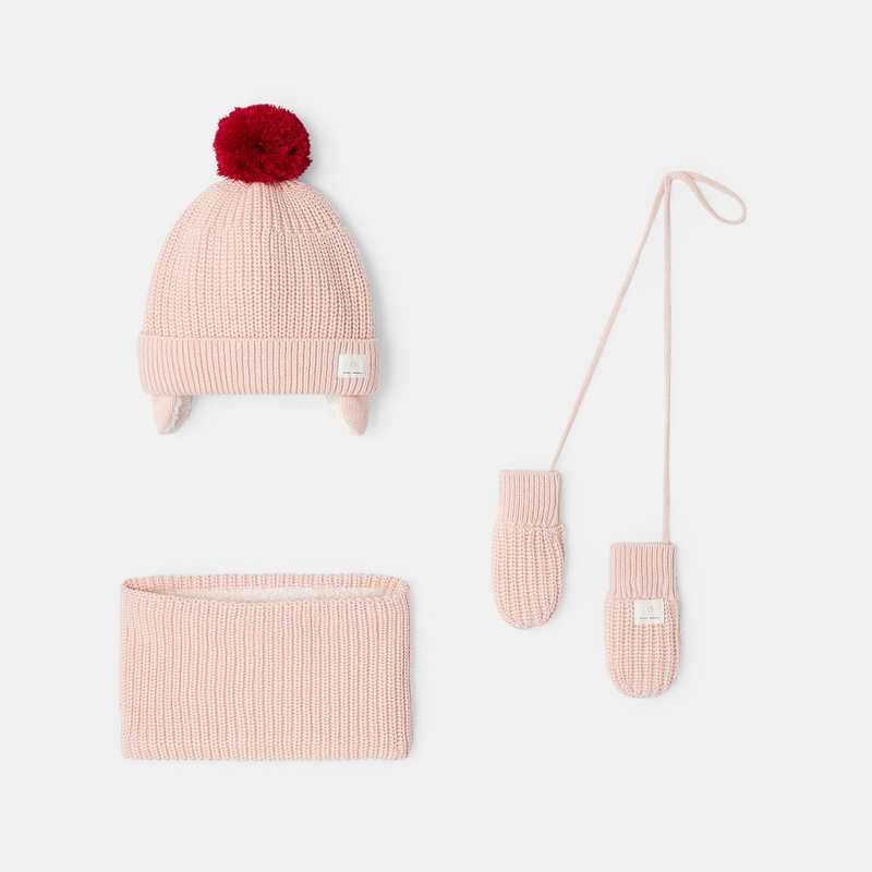 Ensemble bonnet, tour de cou et moufles en tricot fourré roses mixte Absorba