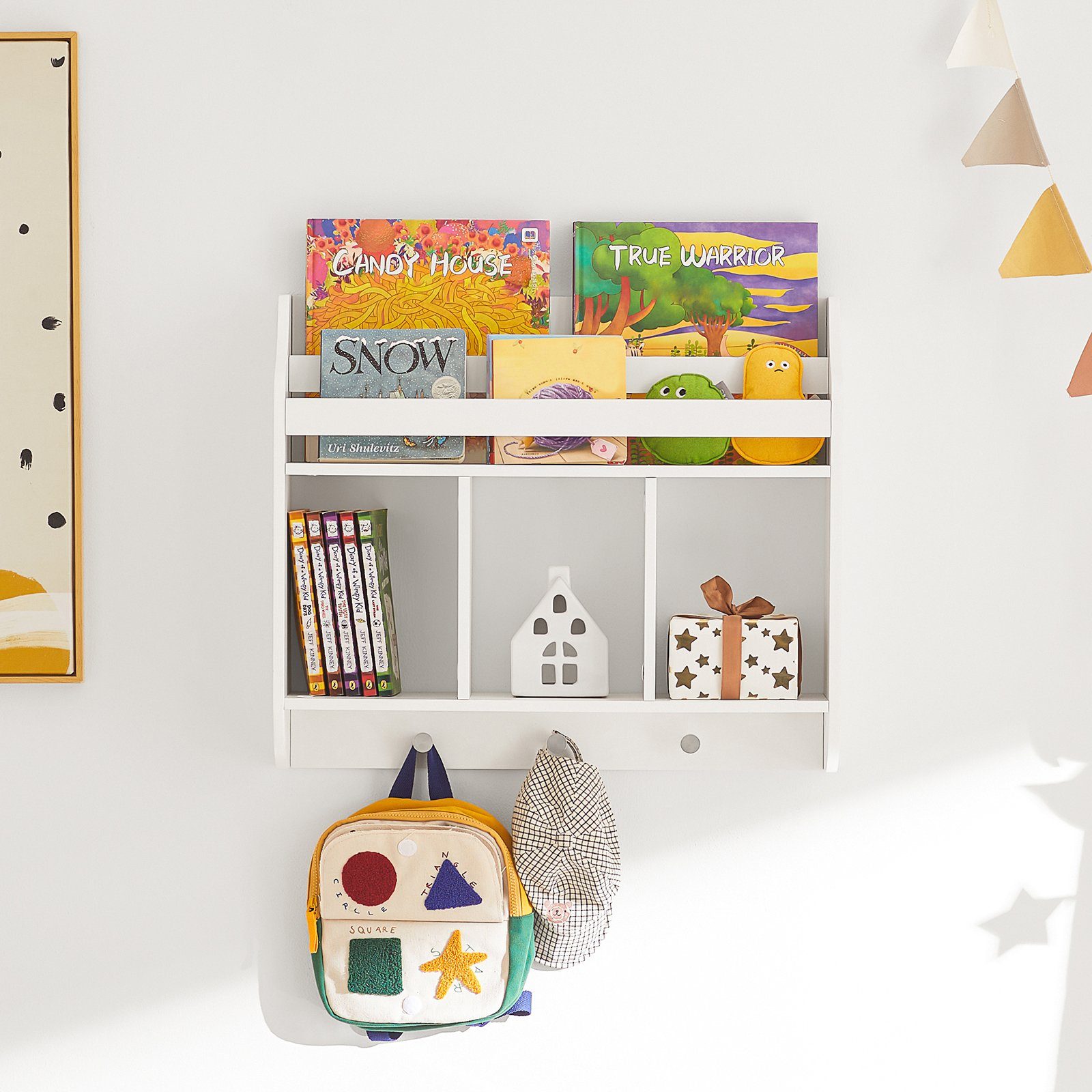 SoBuy Bücherregal KMB46, Kinderregal Wandregal Hängeregal Wandgarderobe mit 3 Haken