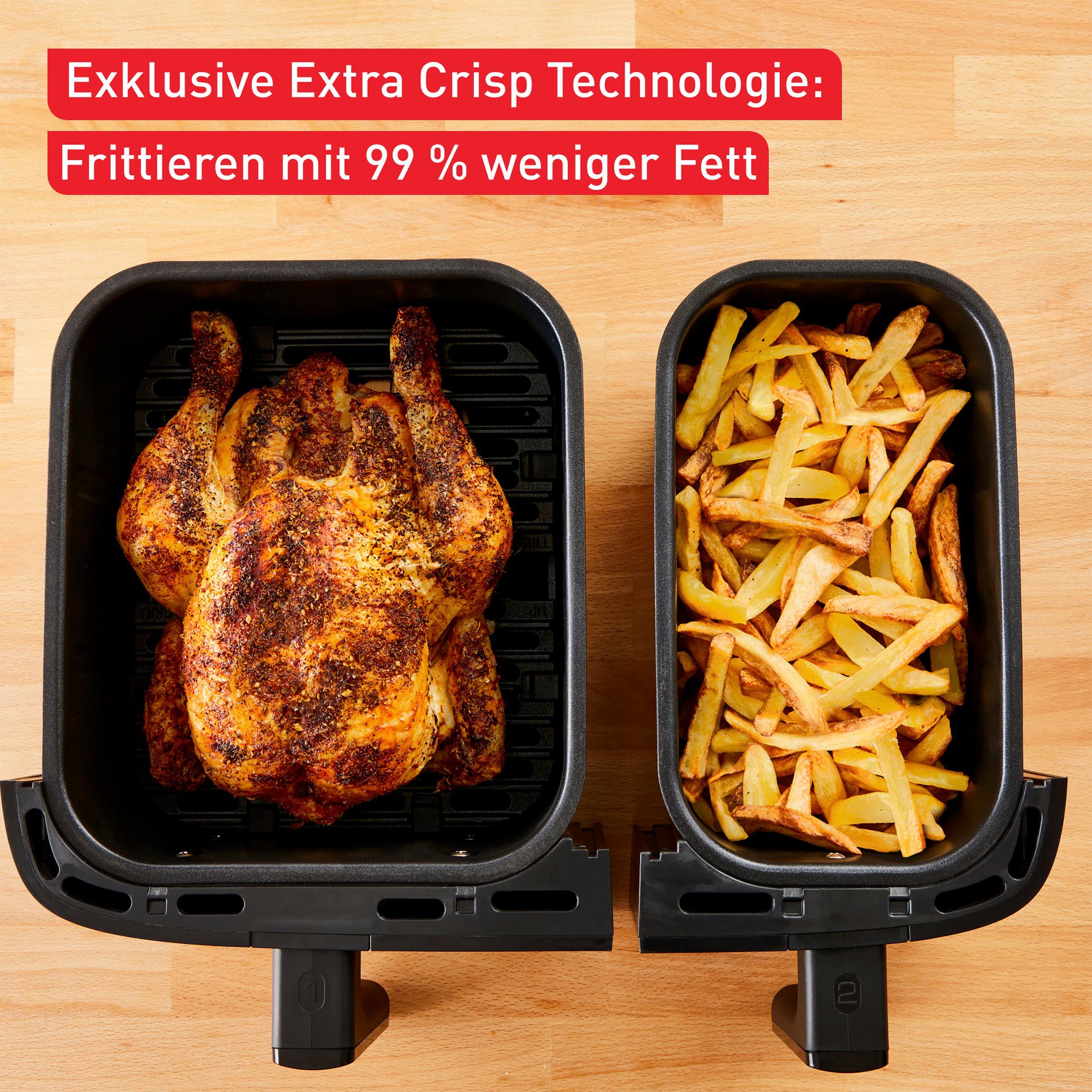 Tefal Heißluftfritteuse EY905B Dual Easy Fry & Grill Doppelkammer, 8,3 L Kapazität, 2 Laden, 2700 W, mit Hamburger Presse