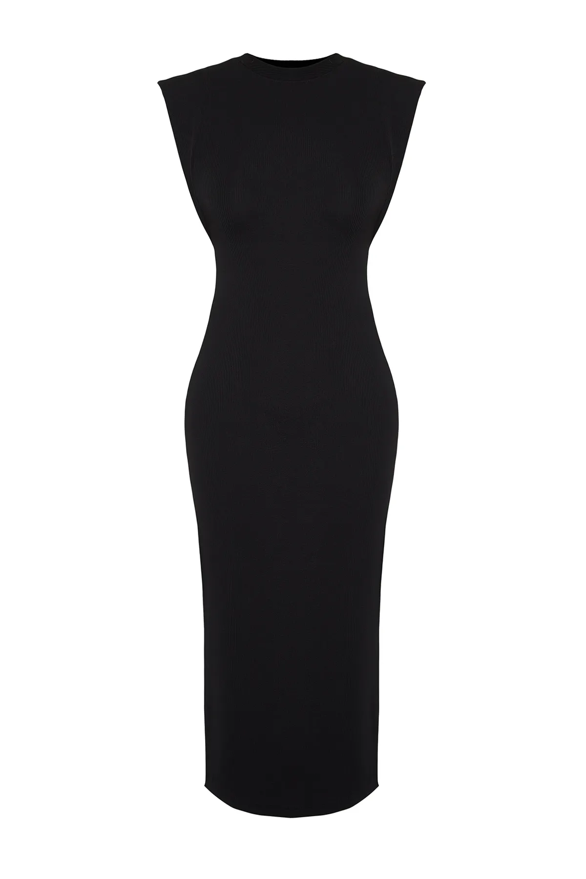 Trendyol Collection  Schwarzes, tailliertes, geripptes, flexibles Midi-Bleistiftkleid aus Strick mit Mondärmeln TWOSS24EL00187