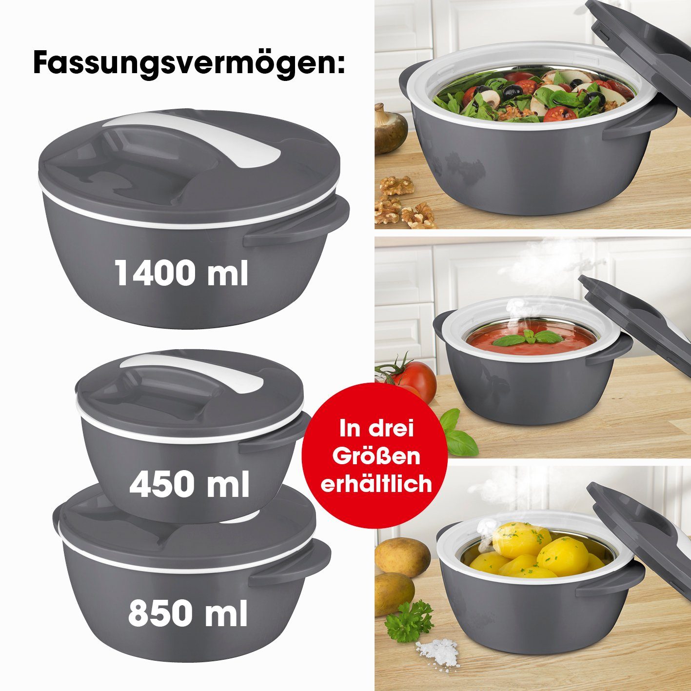 MAXXMEE Thermoschüssel, Mikrowelle 1400 ml grau/weiß