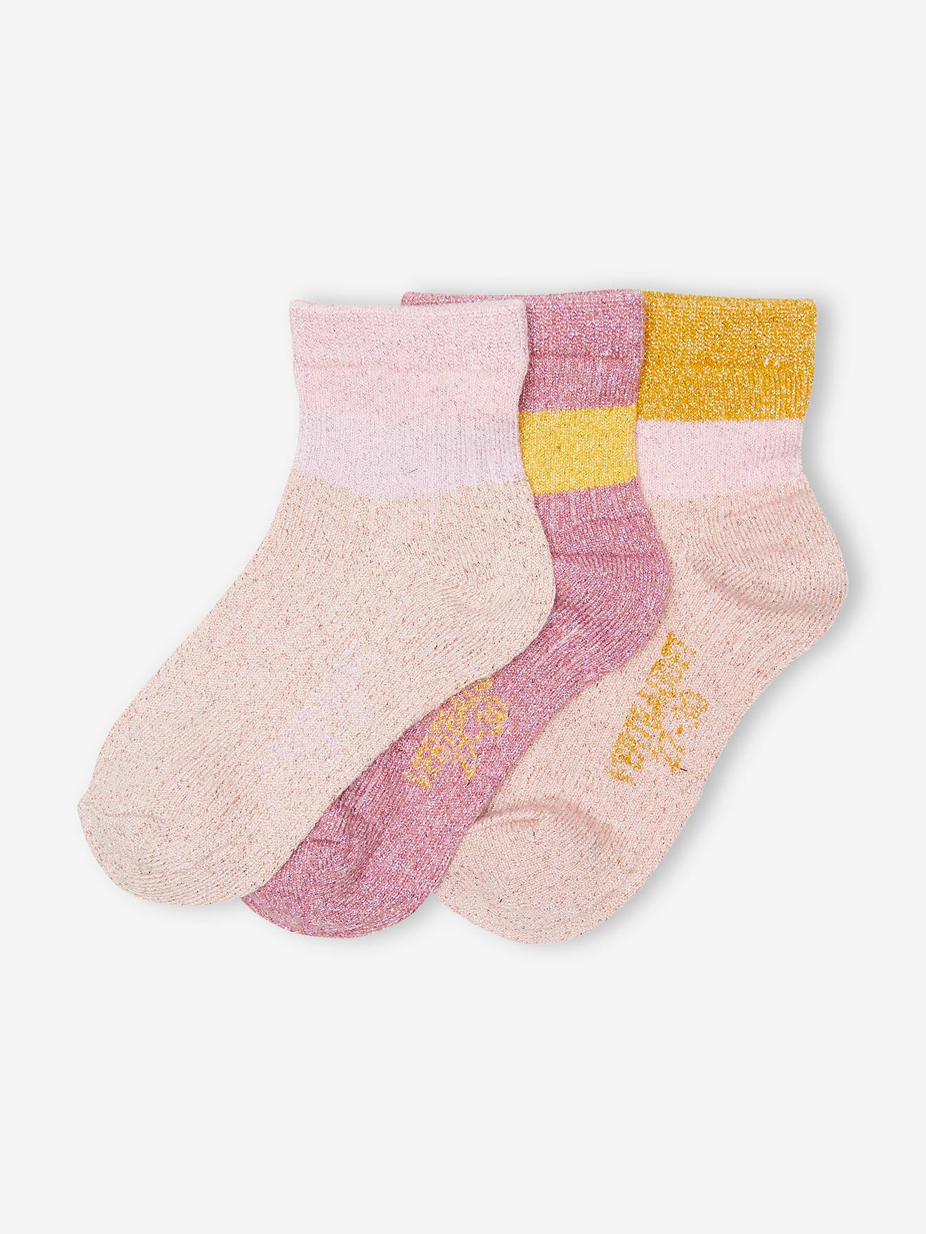 Lot de 3 paires de mi-chaussettes filles en maille côtelée vieux rose