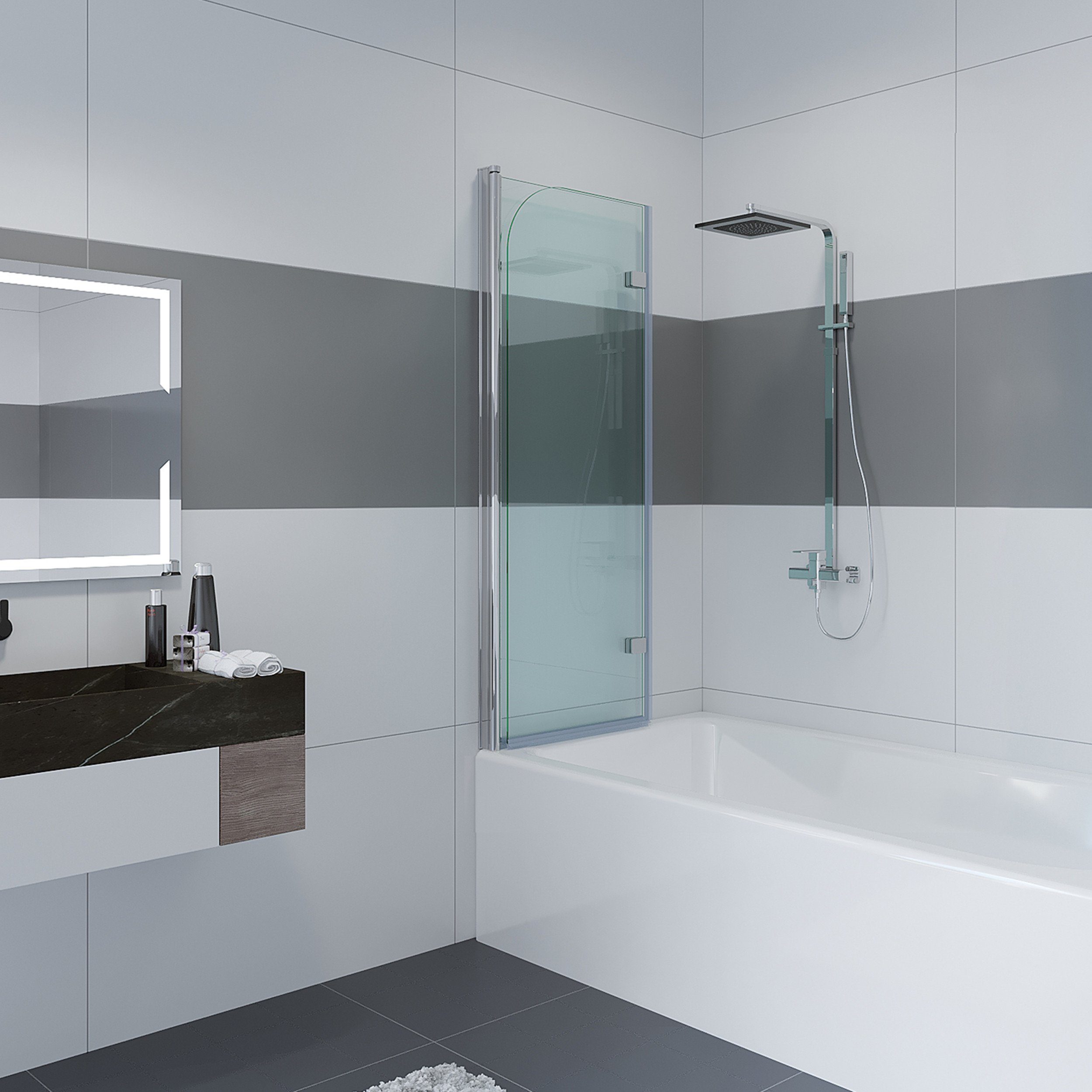 IMPTS Badewannenaufsatz, Glas Alu, (2 tlg., 2 TLG), Duschabtrennung für Badewanne, Dekor Querstreifen,Alpinweiß