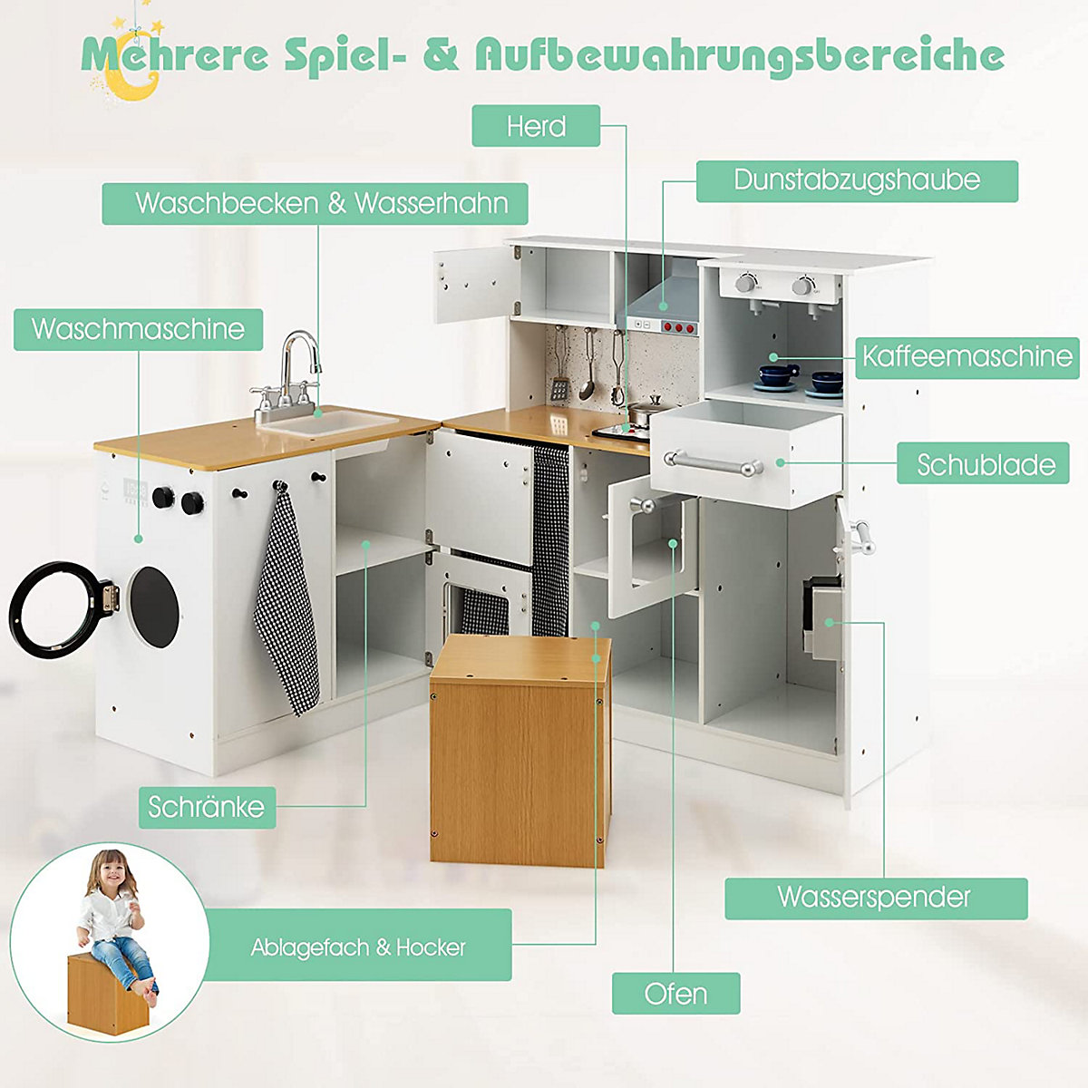 Spielküche mit Sound & Licht inkl. Hocker & Spielzubehör