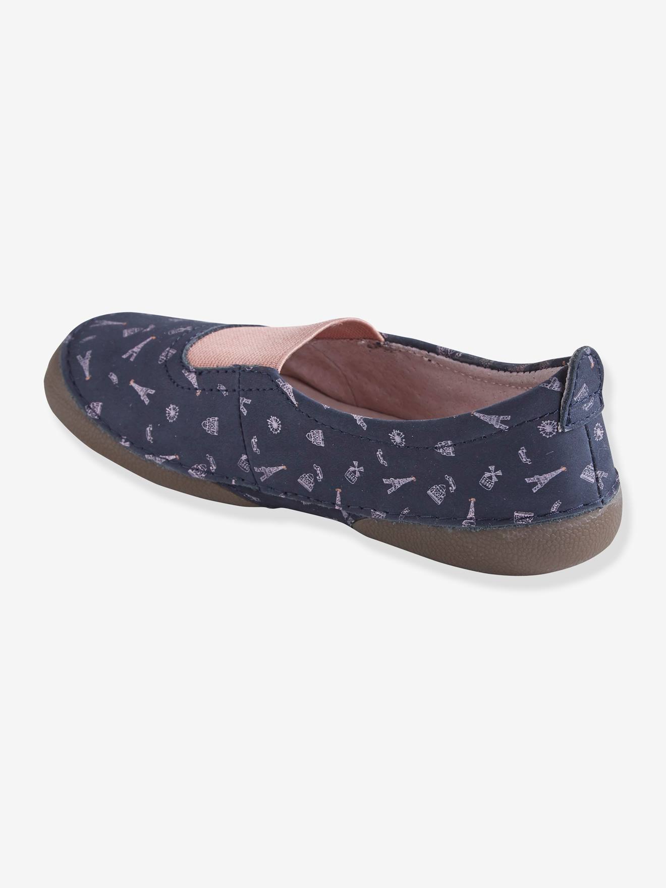 Chaussons élastiqués fille en cuir imprimé marine imprimé paris