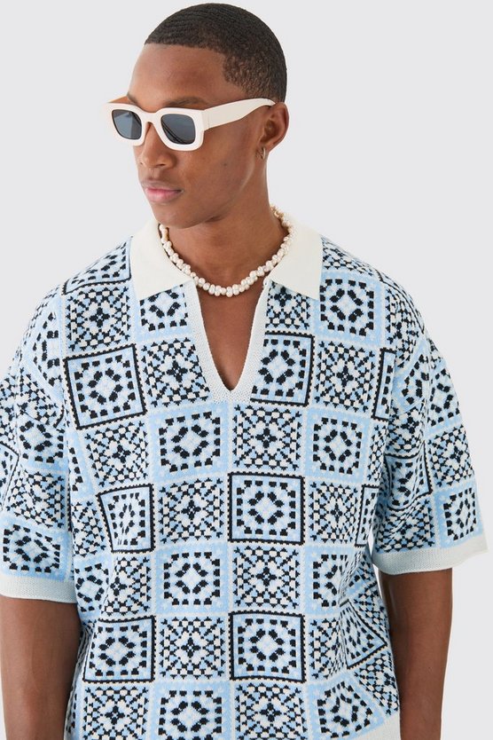Kastiges gehäkeltes Oversize Poloshirt