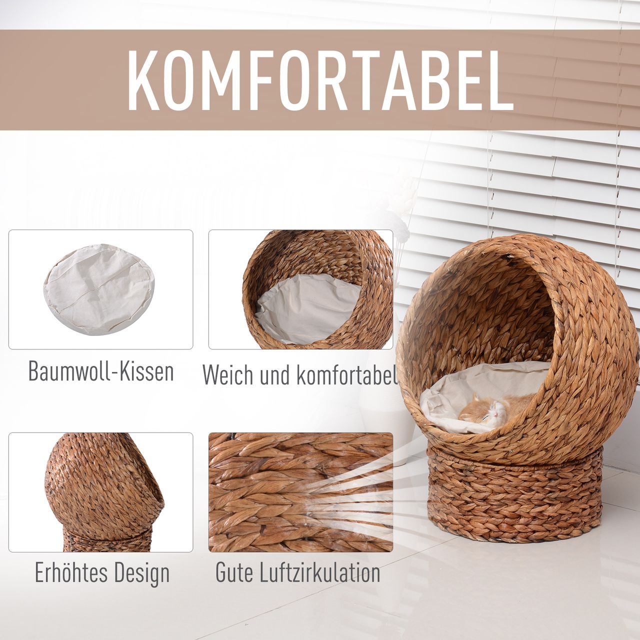 PawHut Rattan Katzenkorb Katzenhöhle Katzenbett mit Kissen Hellbraun