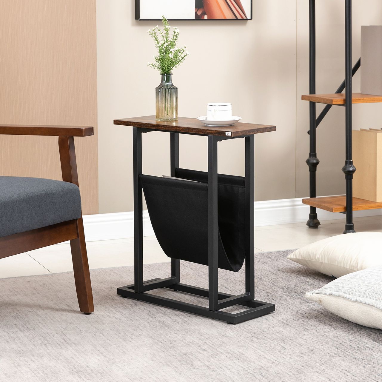 HOMCOM Beistelltisch mit Stofftasche, Sofatisch, Couchtisch, Dunkelbraun