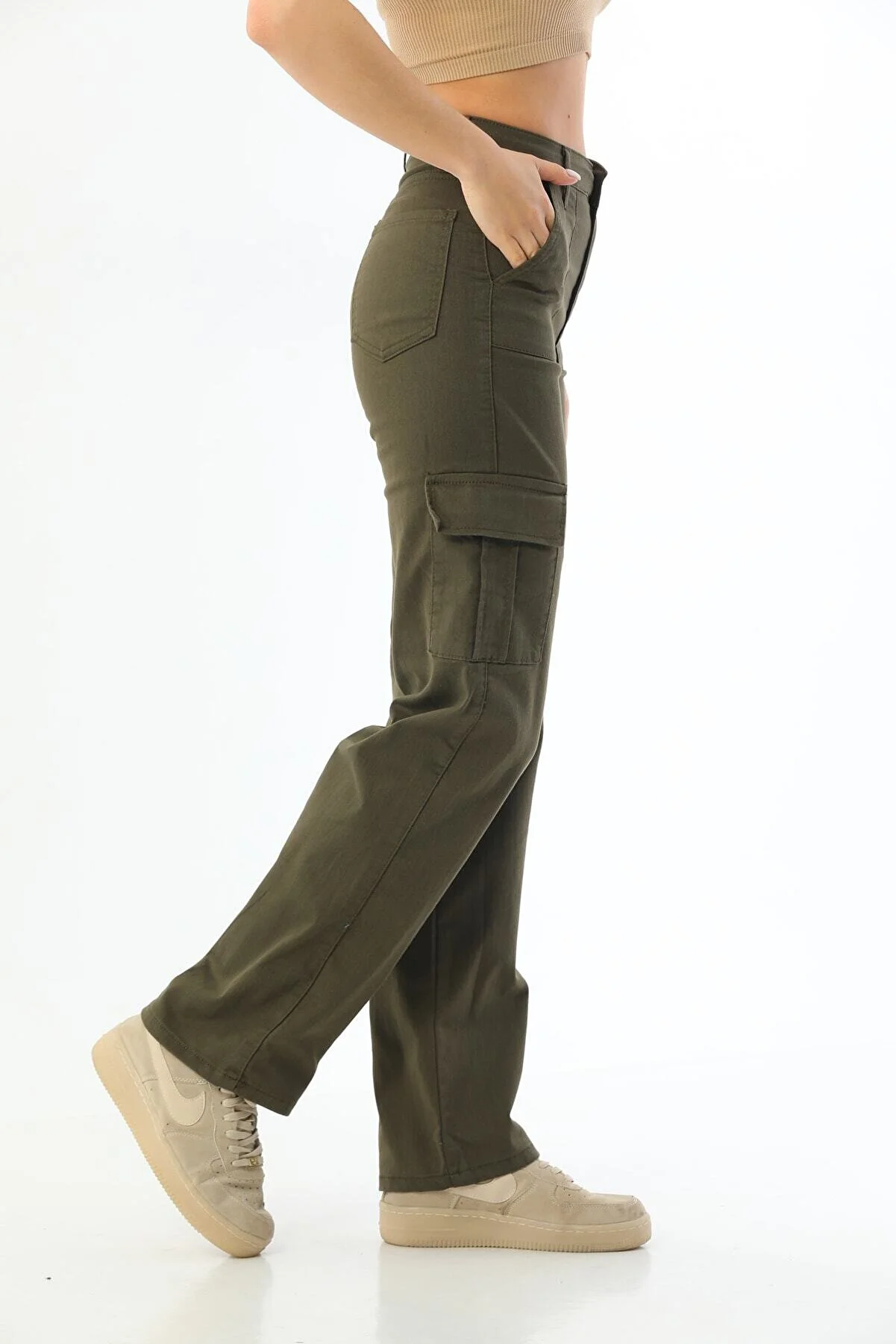 BİKELİFE  Khakifarbene Cargo-Hose aus Lycra mit hoher Taille und weitem Bein