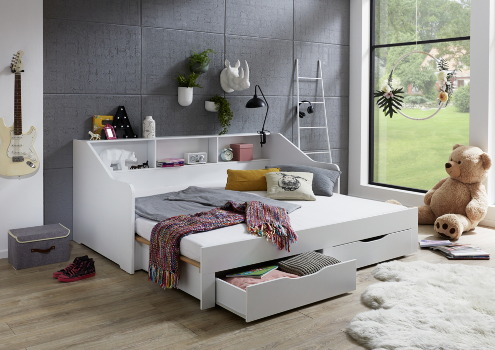 Relita Funktionsbett RENE von 90 auf 180 x 200 cm ausziehbar, mit 2 Schubladen & Regal, weiß
