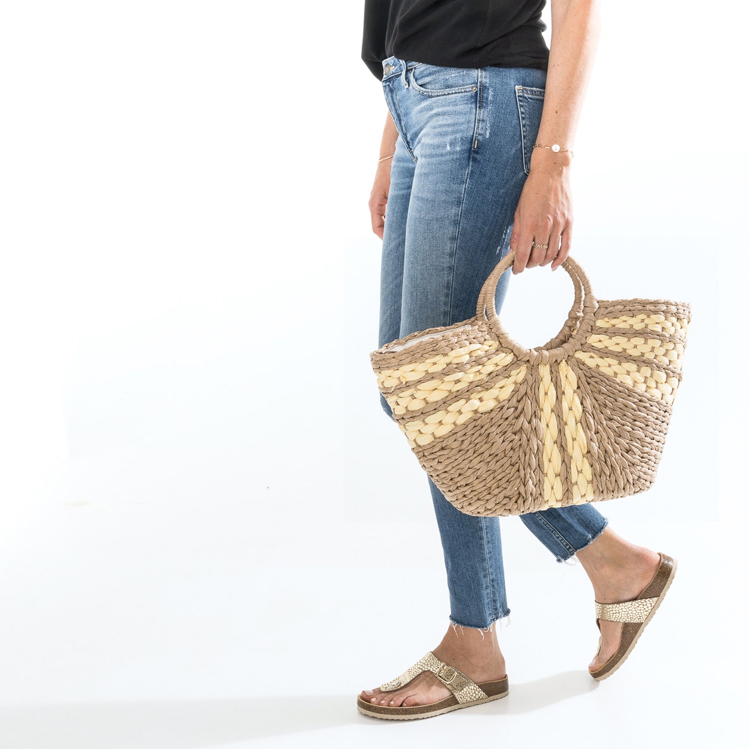 Panier beige foncé et jaune en papier tressé avec bandoulière