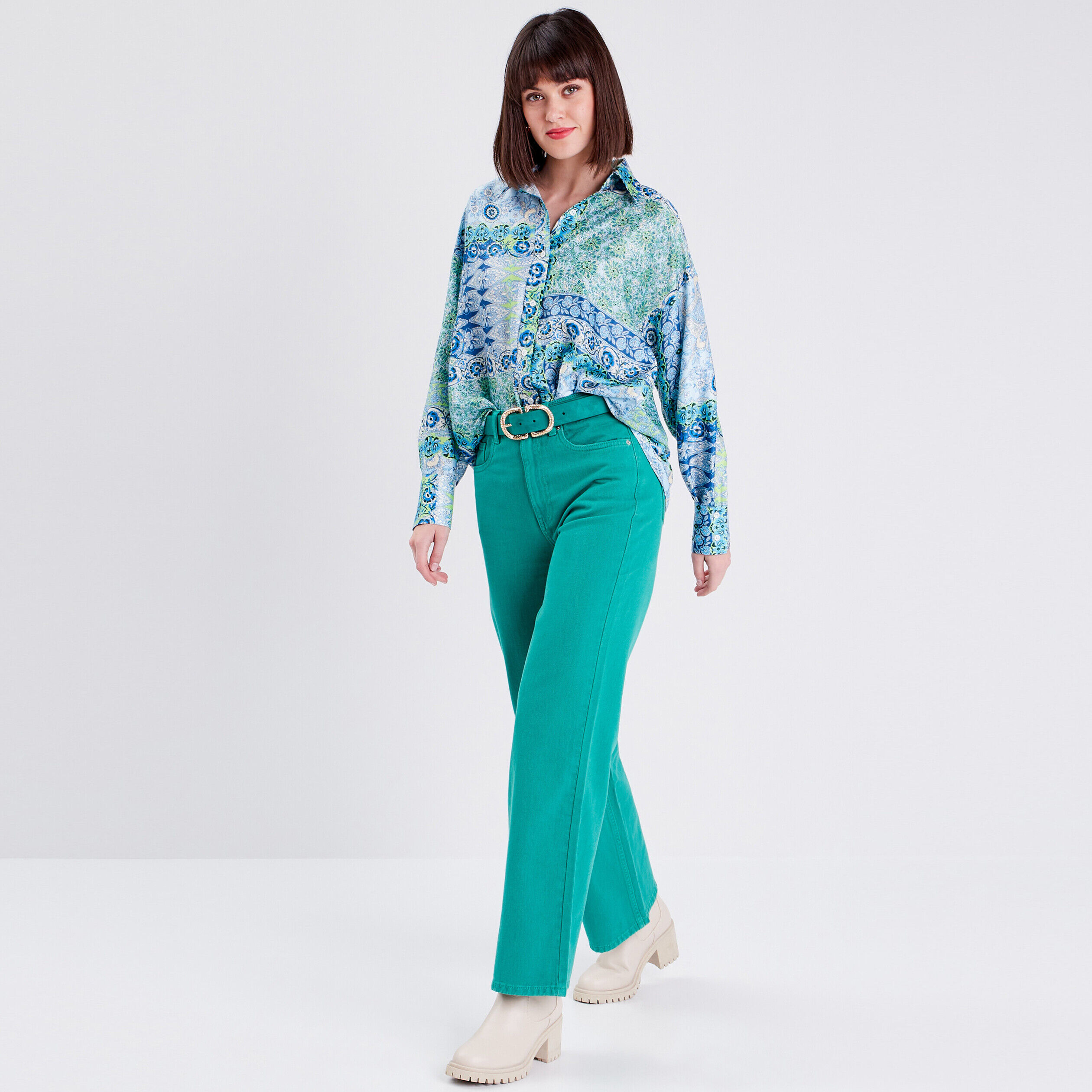 Chemise manches longues satin bleu femme | Cache Cache