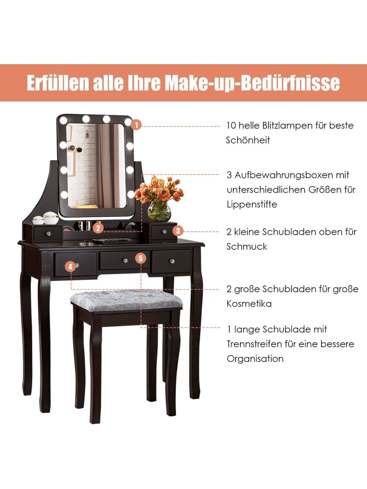 COSTWAY Schminktisch Set LED in Braun günstig kaufen onesize