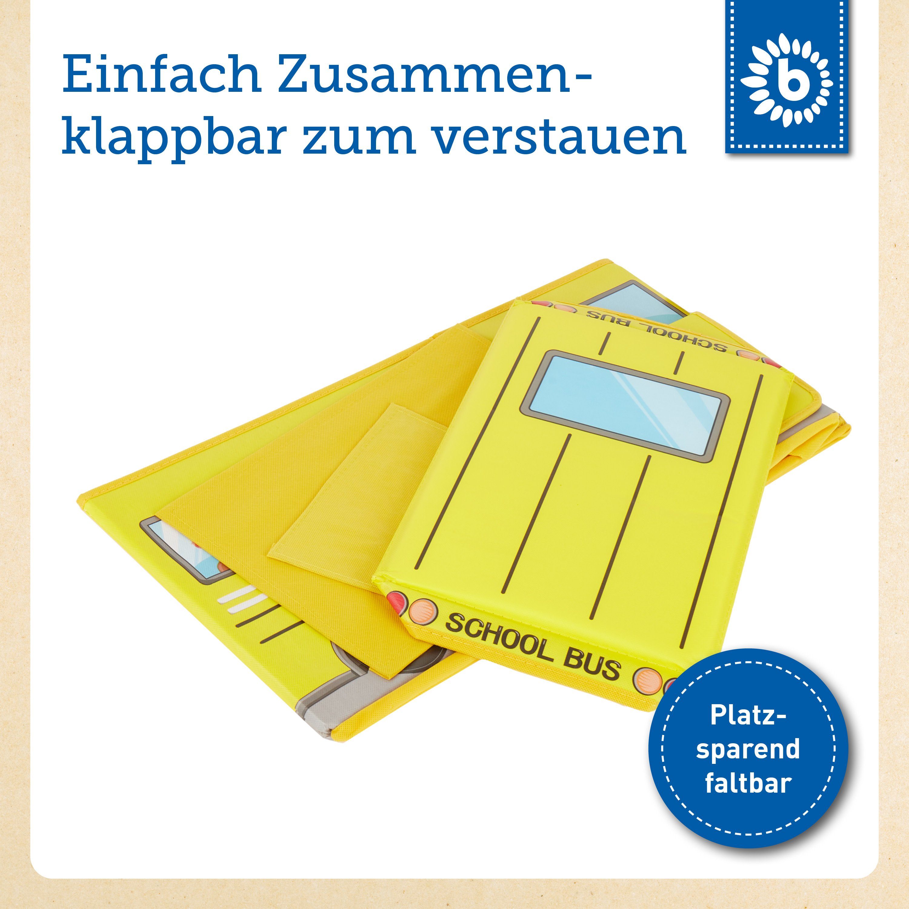 BIECO Spielzeugtruhe Bieco Aufbewahrungsbox mit Deckel Kinder Schulbus, faltbar, Sitzhocker mit Sitzgelegenheit, und Polsterung, Spielzeugkiste mit Stauraum, Sitztruhe, Jungen & Mädchen, 46 L, Belastbar bis 80 Kg, gelb
