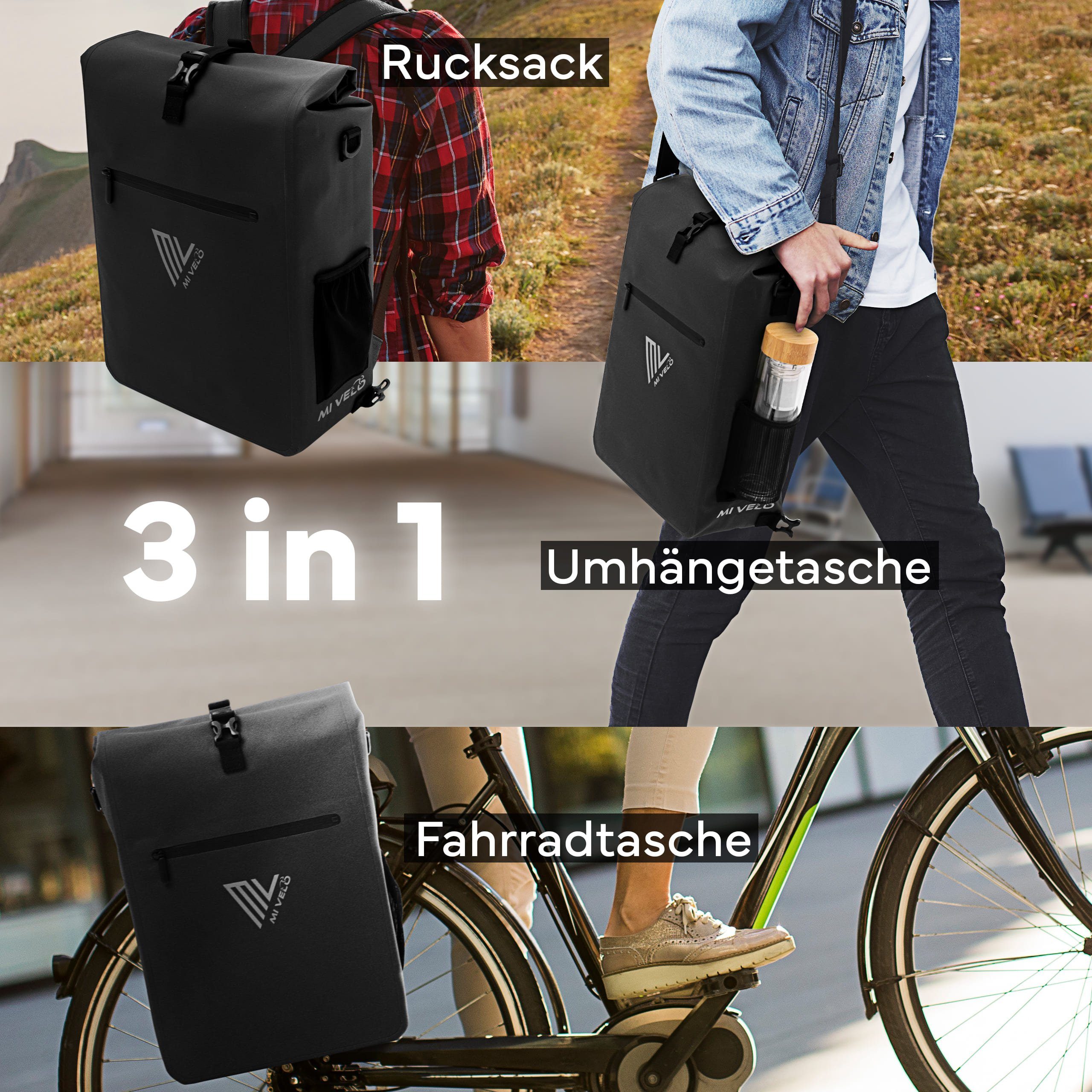 MIVELO Fahrradtasche 3in1 Gepäckträgertasche, Rucksack für Fahrrad Gepäckträger wasserdicht