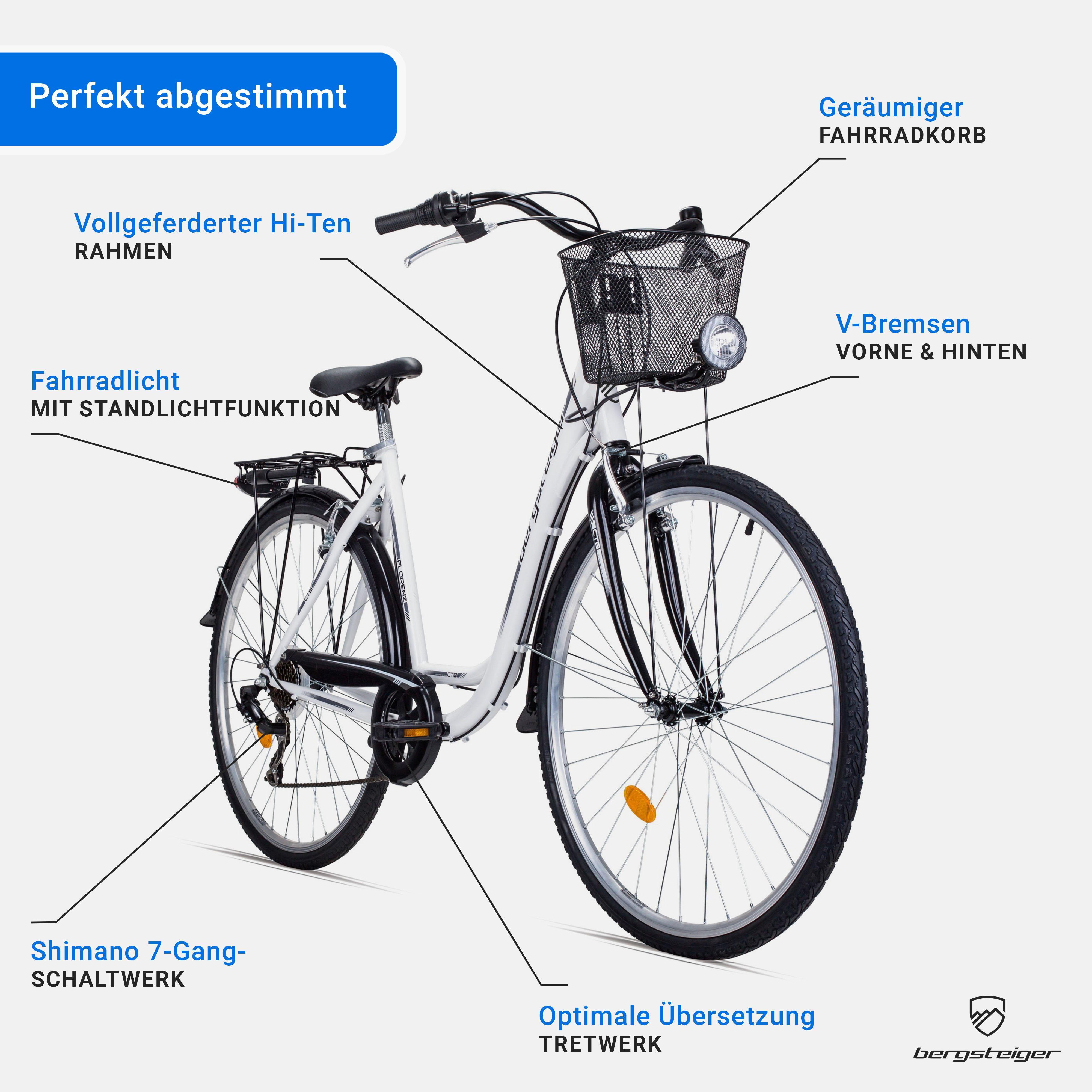 bergsteiger Cityrad Florenz 28 Zoll Damenfahrrad mit Korb, Beleuchtung, ab 160 cm, 7 Gang Shimano Tourney RD-TY21 Schaltwerk, Kettenschaltung