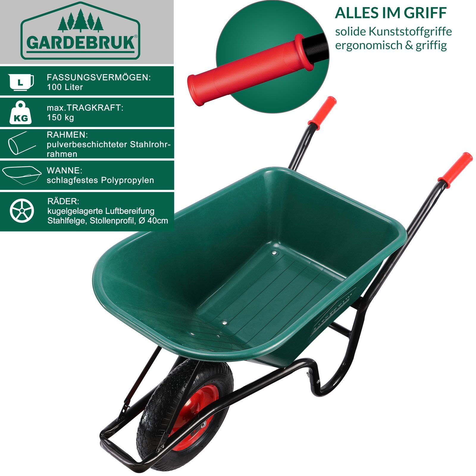 Gardebruk Schubkarre, 100 Liter Bauschubkarre Gartenschubkarre bis 150kg Belastbarkeit