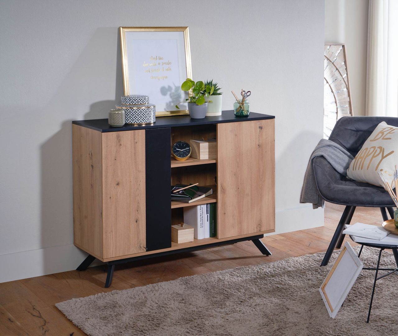Skyport WOHNLING Sideboard 110x87x40 cm MDF Eiche Dekor Kommode Anrichte Standschrank