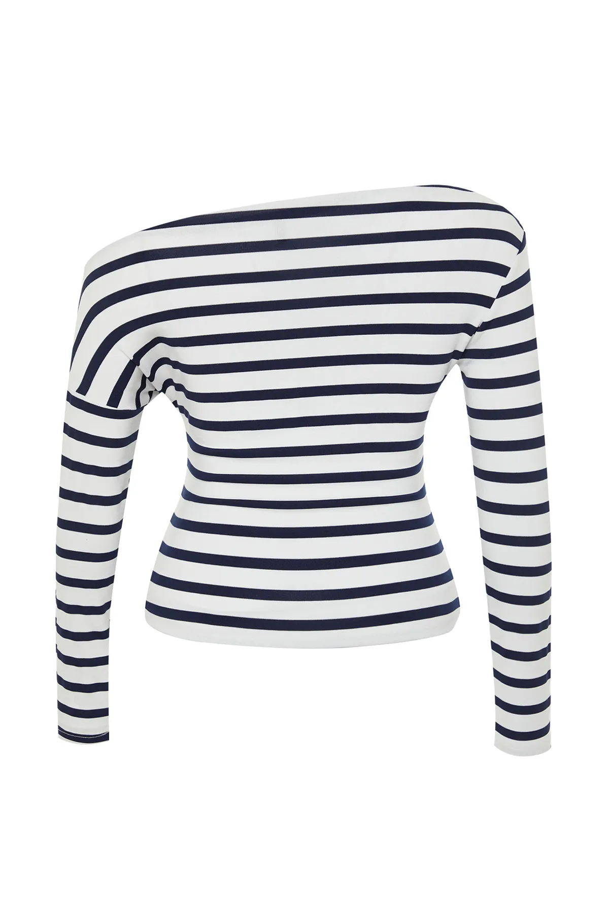 Trendyol Curve  Marineblau gestreifte Stretch-Strickbluse aus hochwertigem, weichem Stoff mit U-Boot-Ausschnitt und taillierter Passform TBBSS24AF00037