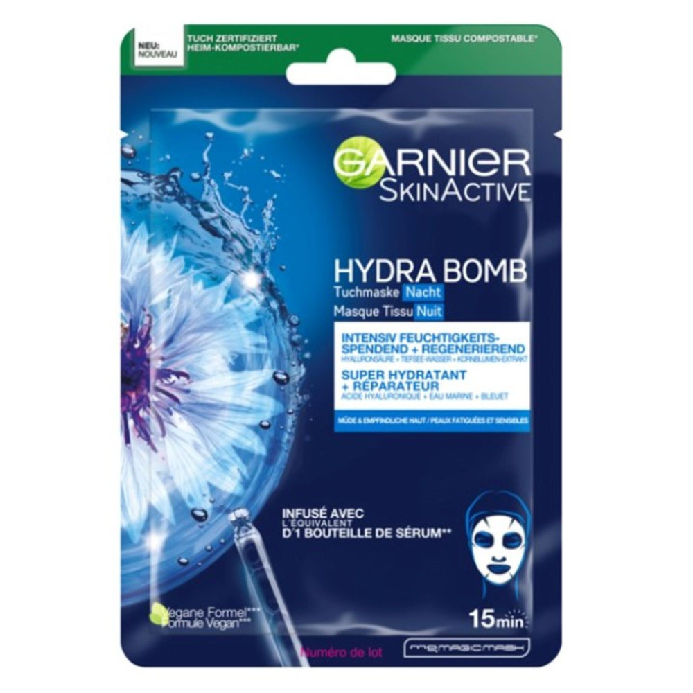 garnier Garnier Masque tissu NUIT HydraBomb Bleuet Hydratant & Réparateur Masque tissu NUIT réparateur Bleuet + Eau marine + Acide hyaluronique