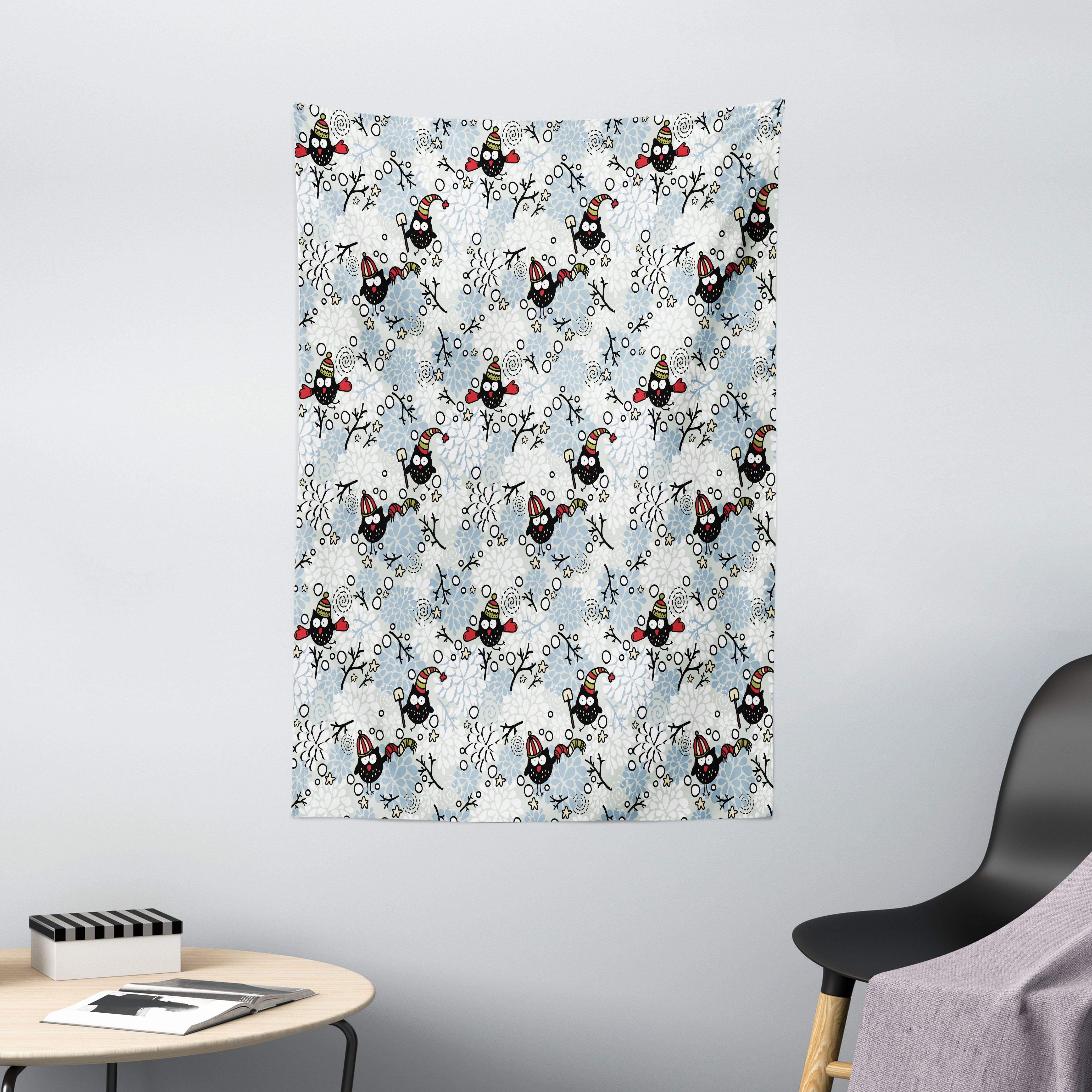 Wandteppich Wohnzimmer Schlafzimmer Wandtuch Seidiges Satin Wandteppich, Abakuhaus, rechteckig, Eulen Winter Schnee Weihnachten Doodle