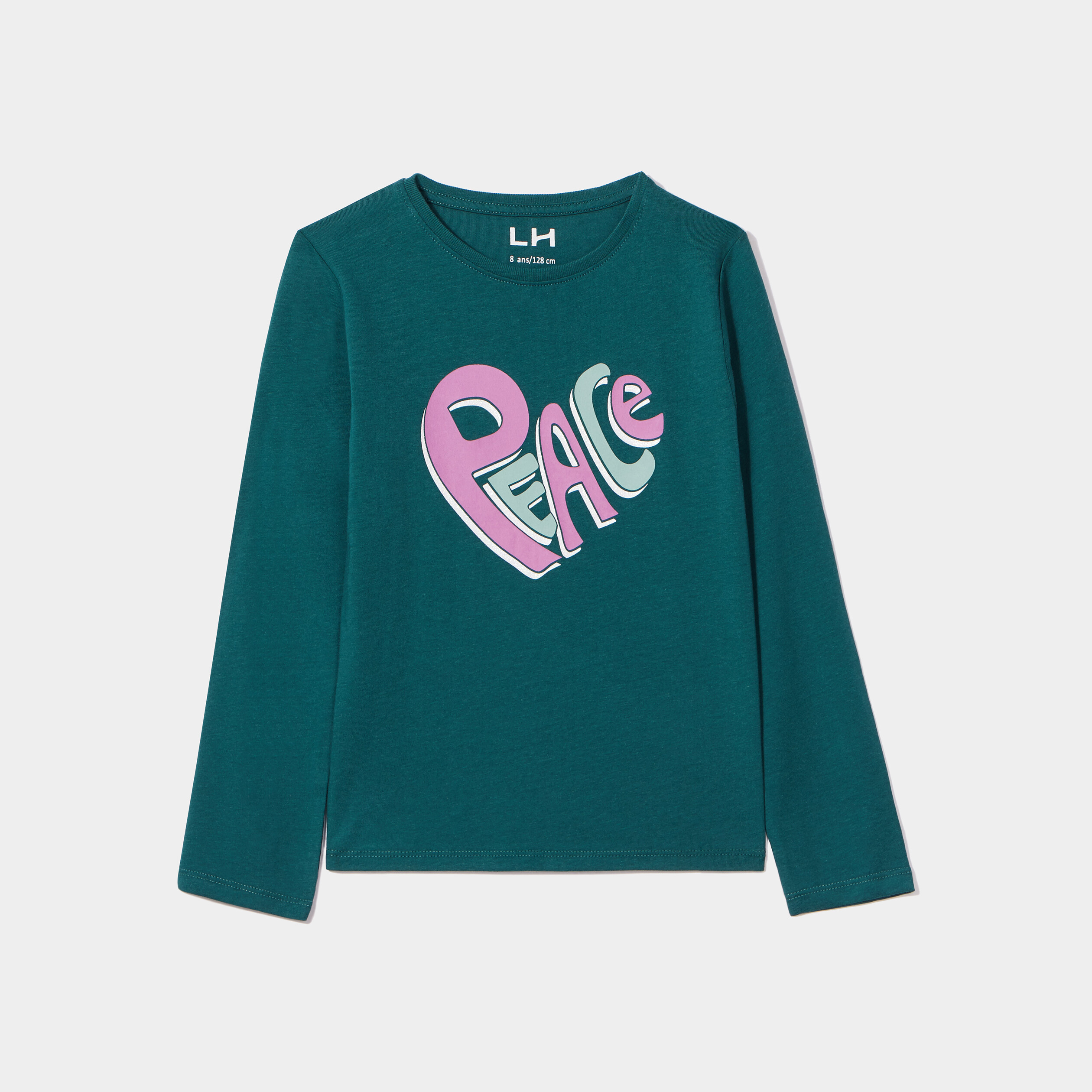 T-shirt col rond manches longues coton vert foncé fille | La Halle