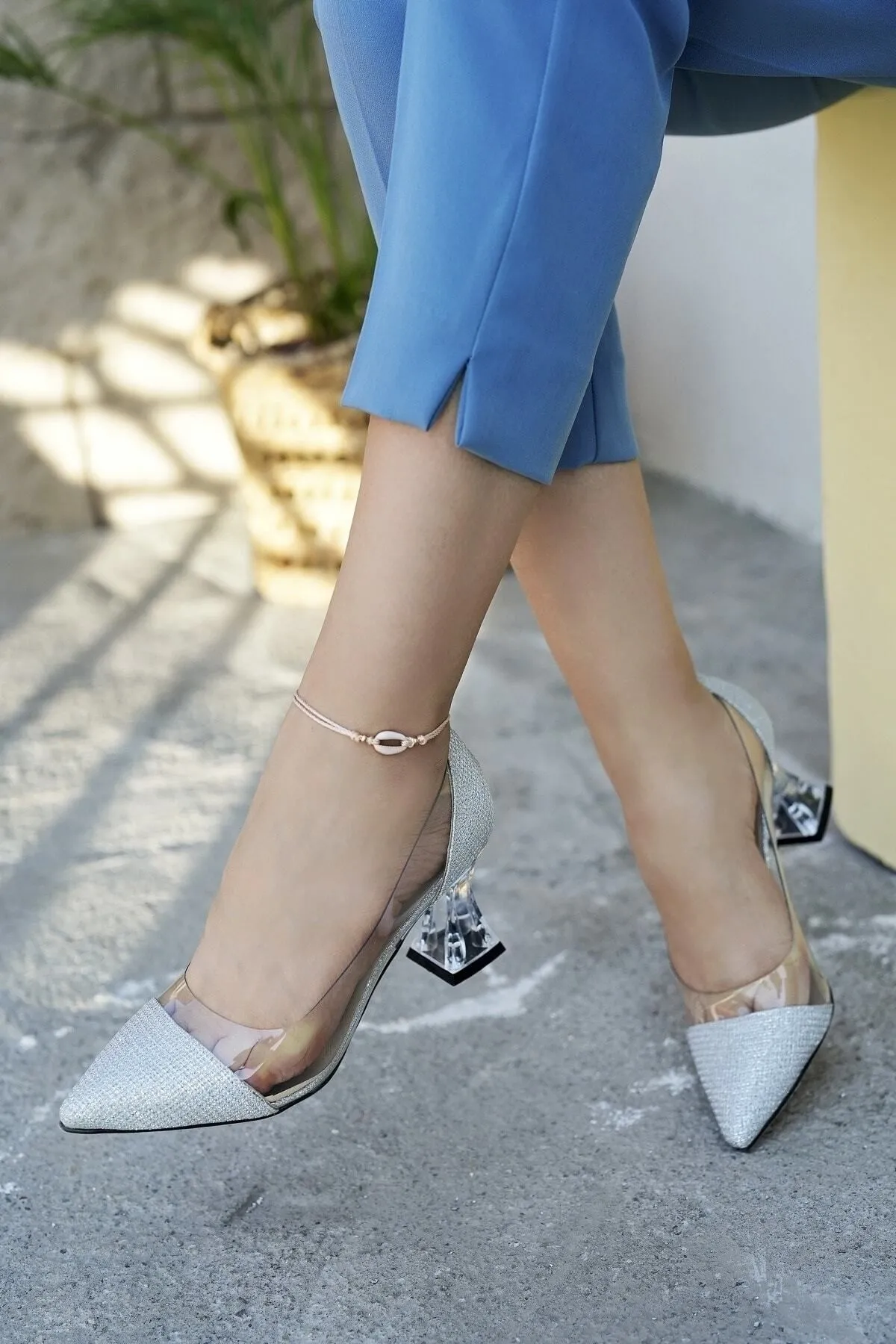 Modafırsat  Damen-Schuhe mit transparentem Absatz, silberfarben, transparent, Stiletto-Stil, für Hochzeit, Abschlussfeier, Verlobung, Alltag, Absatz 8 cm